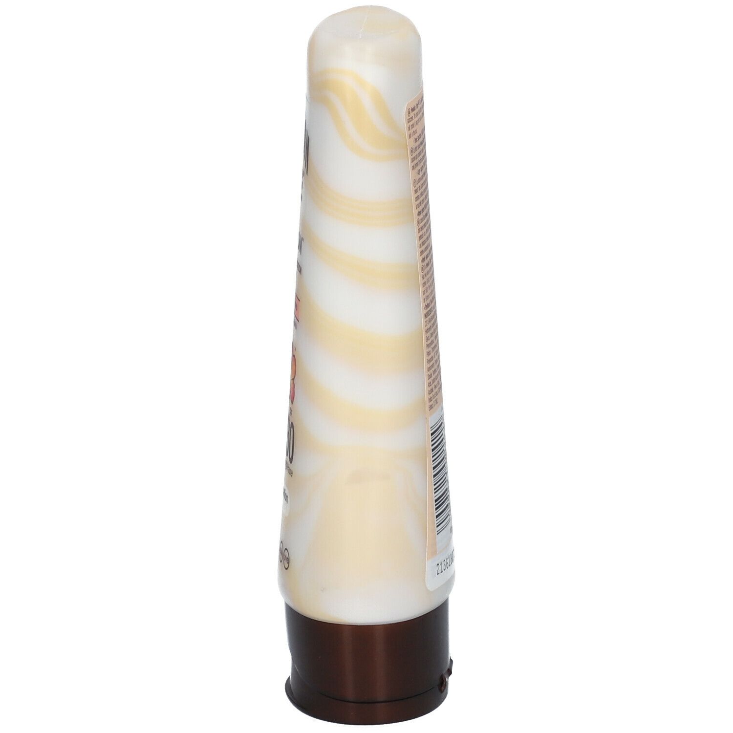 Flacon de lotion solaire, vue latérale. Marbré blanc et beige. Bouchon marron. Texte sur le flacon.