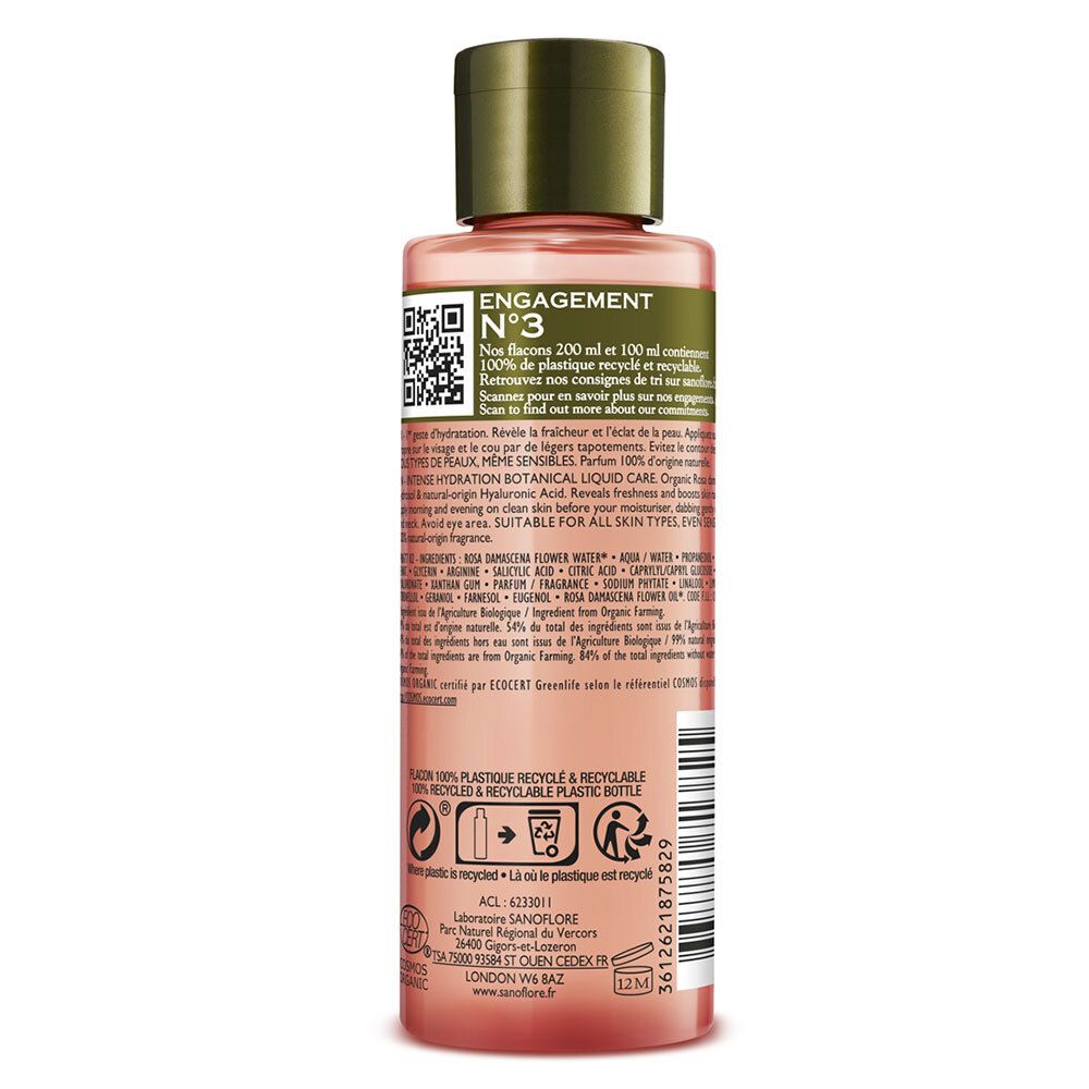 Dos du flacon avec texte et QR code. Texte: Engagement N°3, flacon 100% recyclable.
