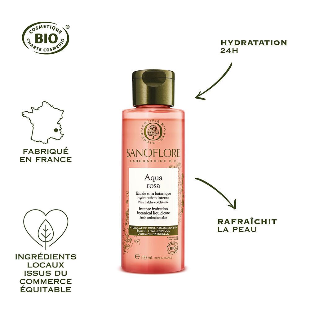 Flacon Aqua rosa, à côté symboles: certification bio, contour France, ingrédients équitables.
