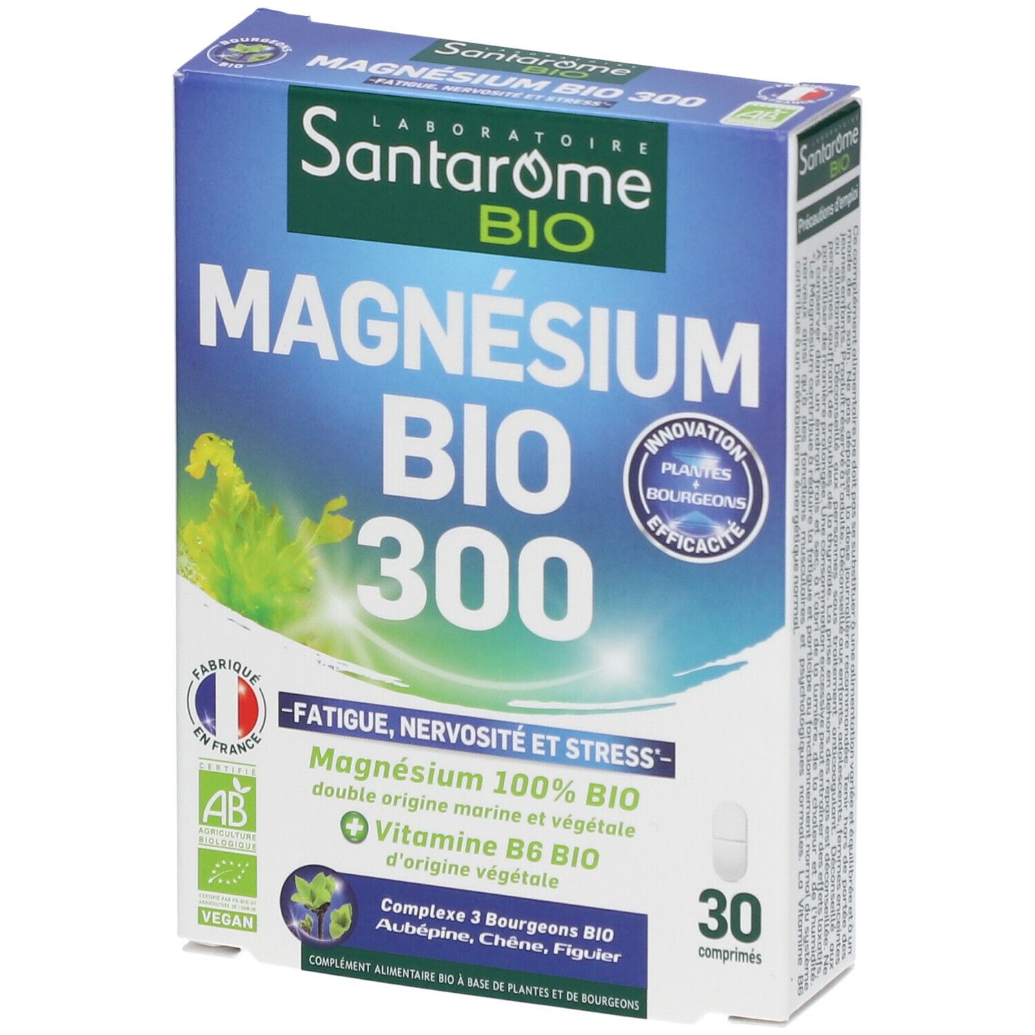 Boîte de Santarome BIO Magnésium 300. Emballage bleu avec nom et ingrédients. Contient 30 comprimés.