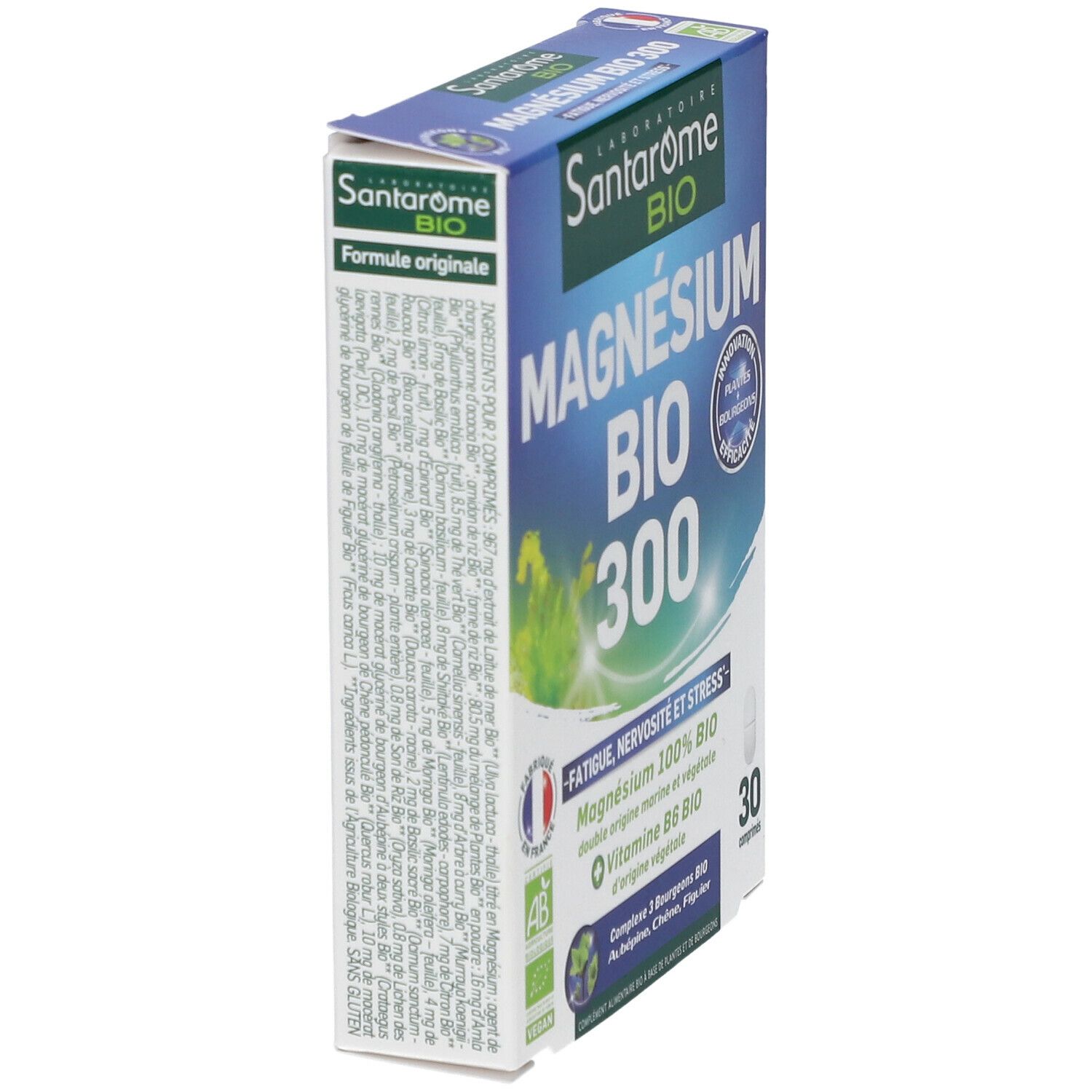 Emballage Santarome BIO Magnésium 300. Boîte bleue avec nom et ingrédients. 30 comprimés.