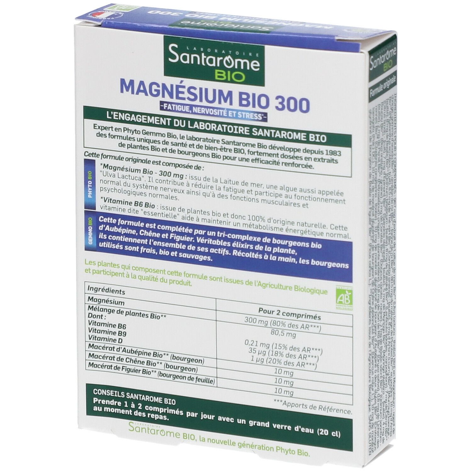 Dos de l'emballage Santarome BIO Magnésium 300. Informations sur les ingrédients et le dosage.