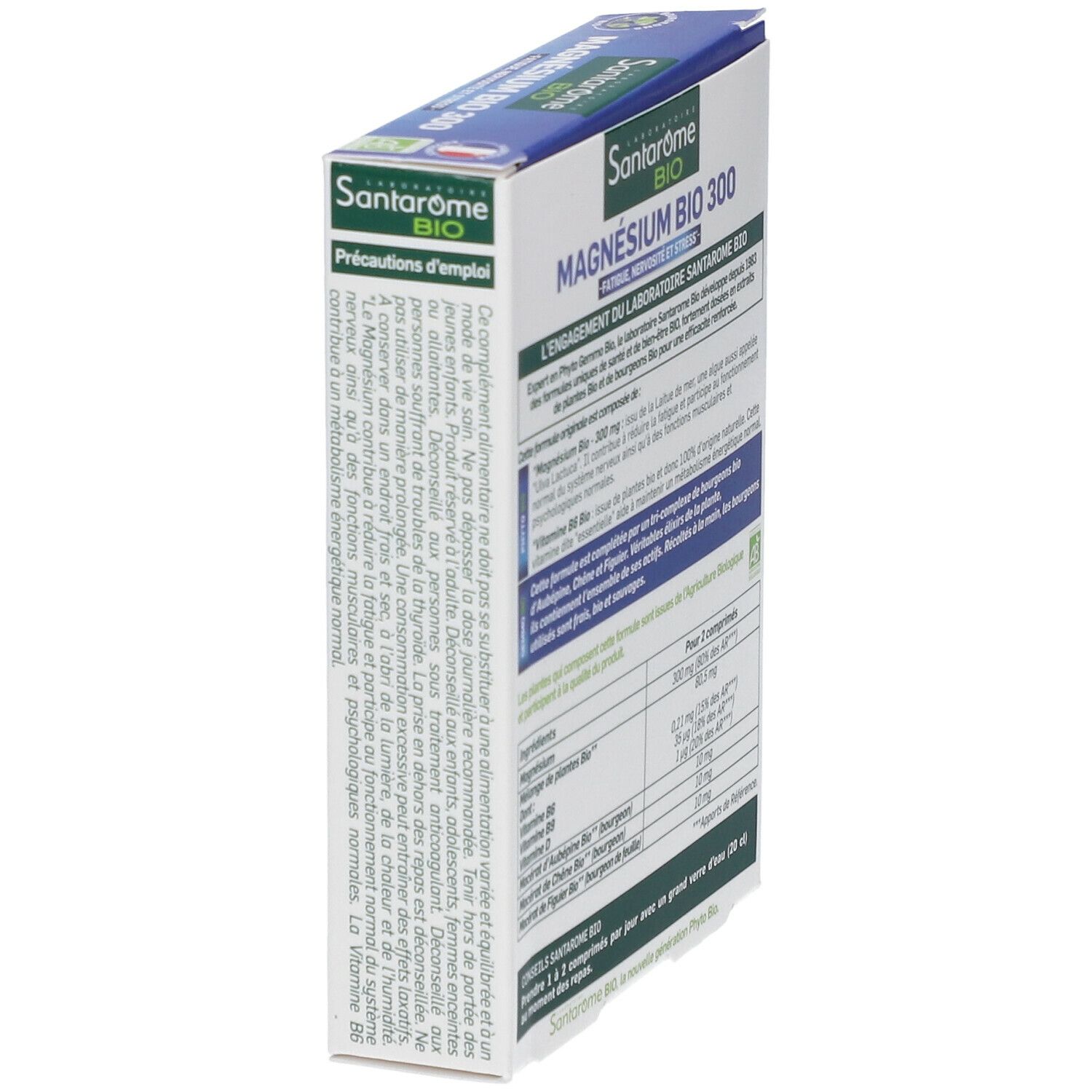 Emballage Santarome BIO Magnésium 300. Boîte bleue avec informations et ingrédients.