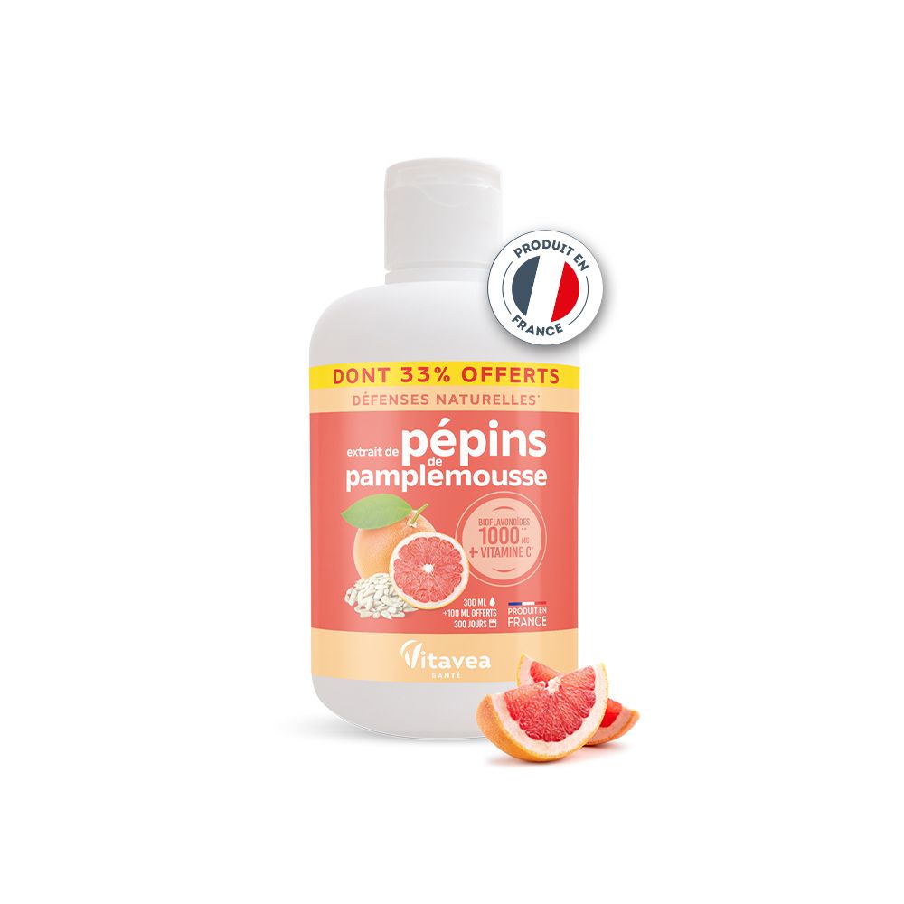 Weißes Fläschchen mit rotem Etikett. Aufschrift: Extrait de pépins de pamplemousse. Abbildung: Grapefruit. Marke: Vitae. Produkt in Frankreich.