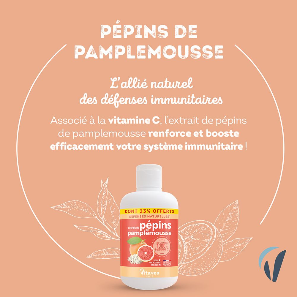 Rosa Hintergrund mit Text: Pépins de pamplemousse. Illustration: Grapefruit. Fläschchen mit rotem Etikett. Marke: Vitae. 