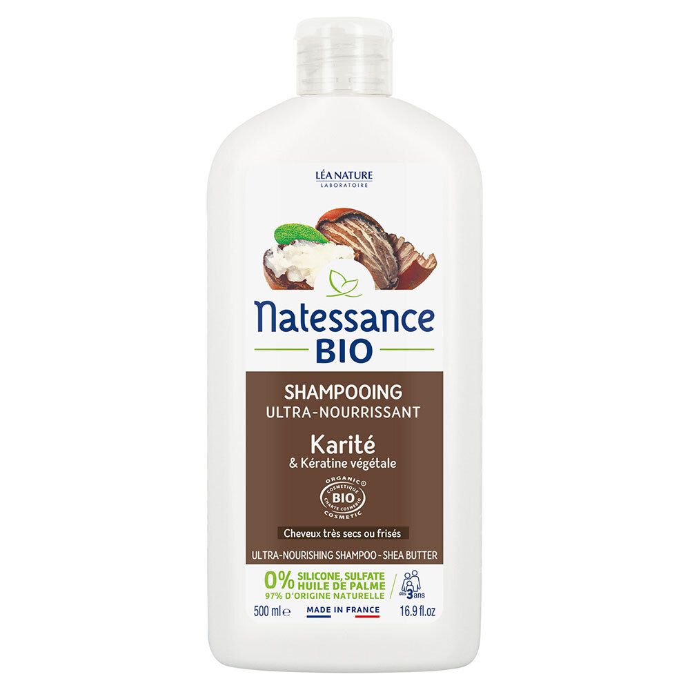 Weiße Flasche mit braunem Etikett. Aufschrift: Natessance BIO Shampooing Ultra-Nourrissant, Karité & Kératine végétale. Bio-Siegel.