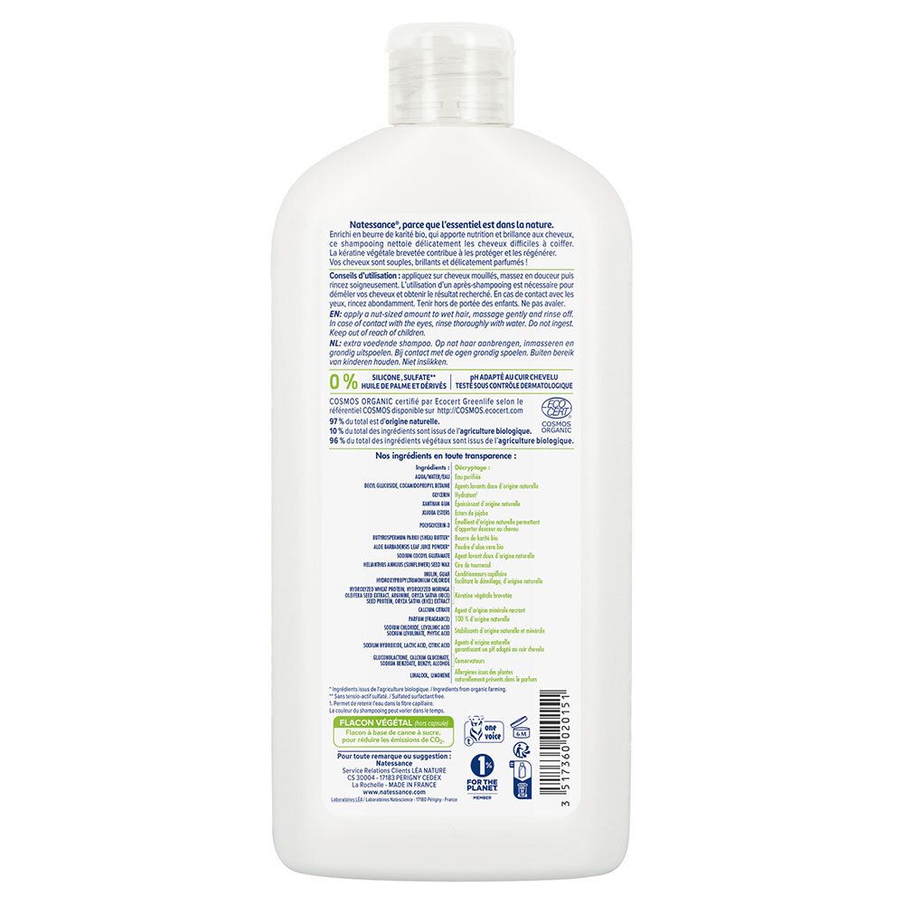Rückseite einer weißen Flasche. Text in mehreren Sprachen, Inhaltsstoffe, Zertifizierungen und Logos. Bio-Siegel.