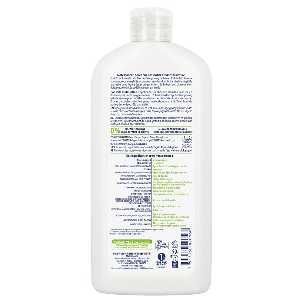 Dos du flacon de shampooing blanc. Texte avec ingrédients, mode d'emploi et certification bio.