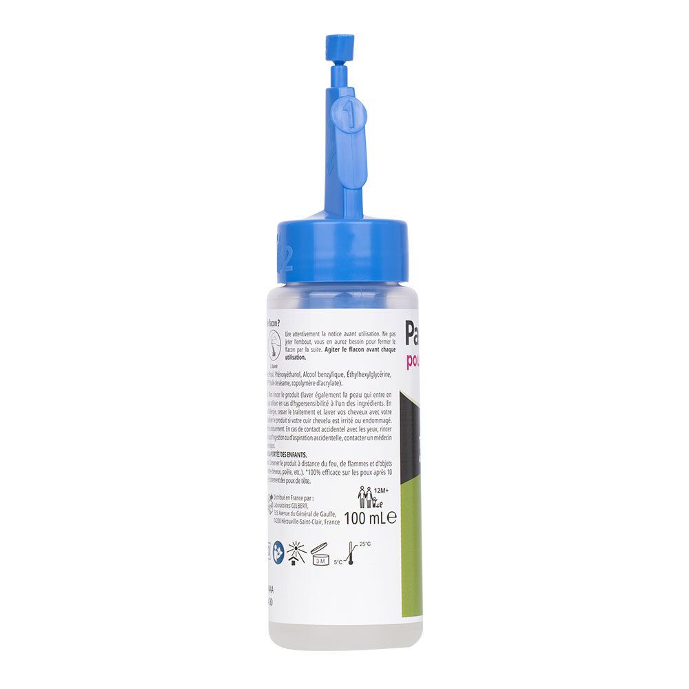 Transparante fles met blauwe applicator. Tekst: Parasidose, 100 ml. Achterkant met tekst en symbolen.