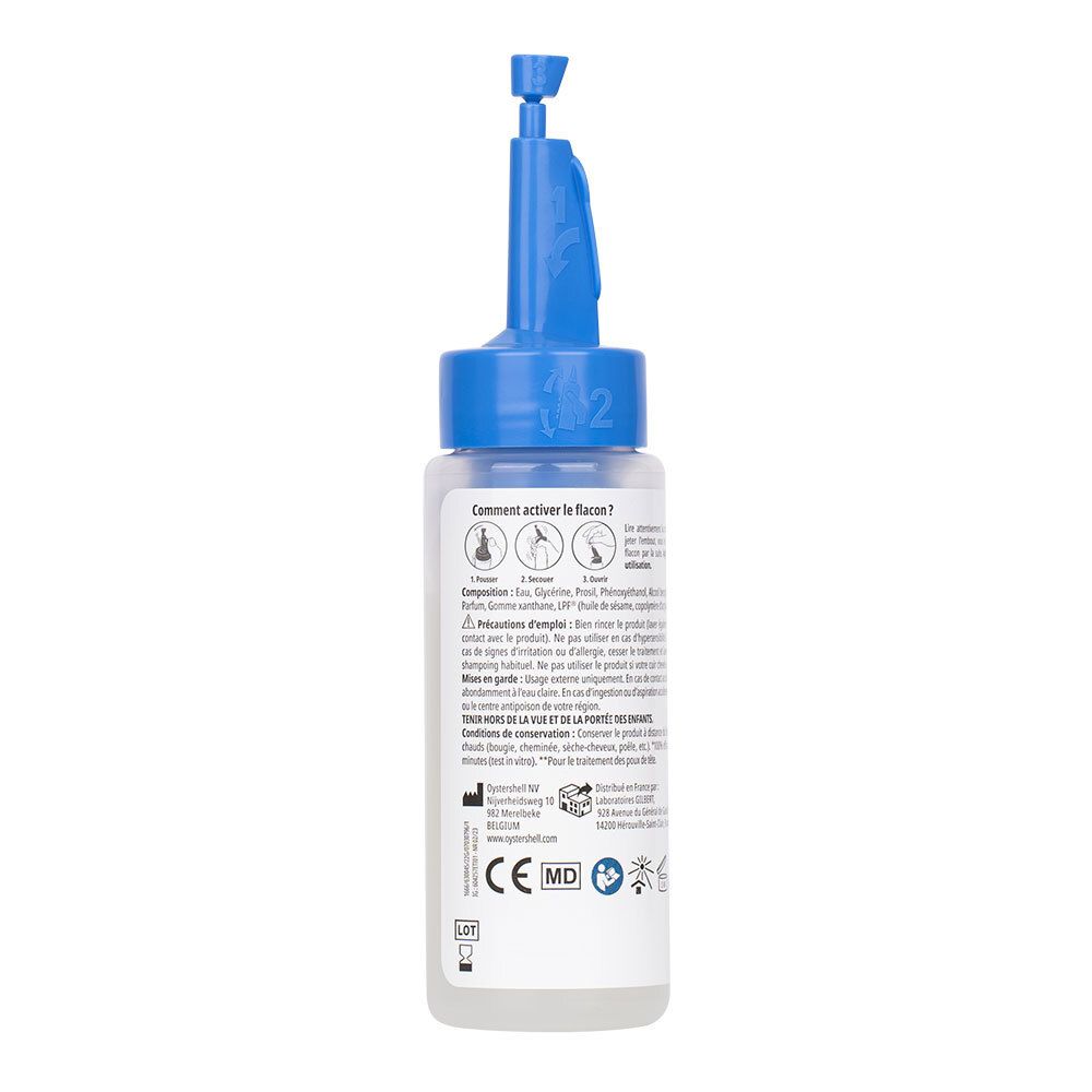 Achterkant van de transparante fles met blauwe applicator. Tekst en symbolen.