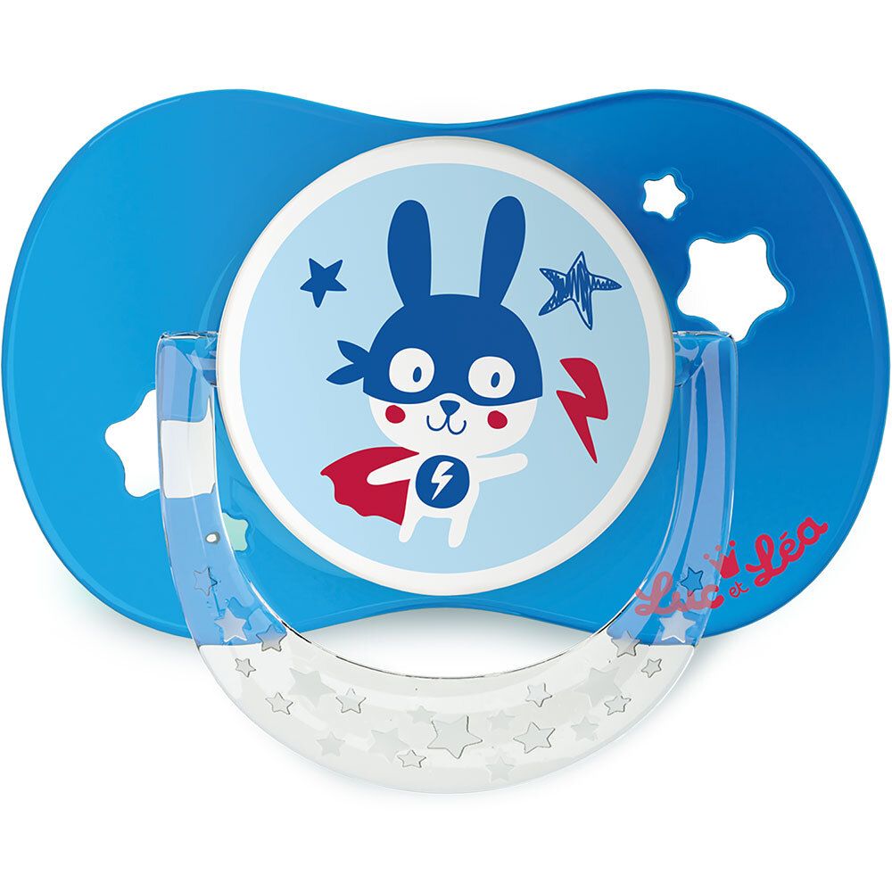 Sucette bleue avec motif lapin super-héros bleu. Étoiles et éclair. Marque Luc et Léa.