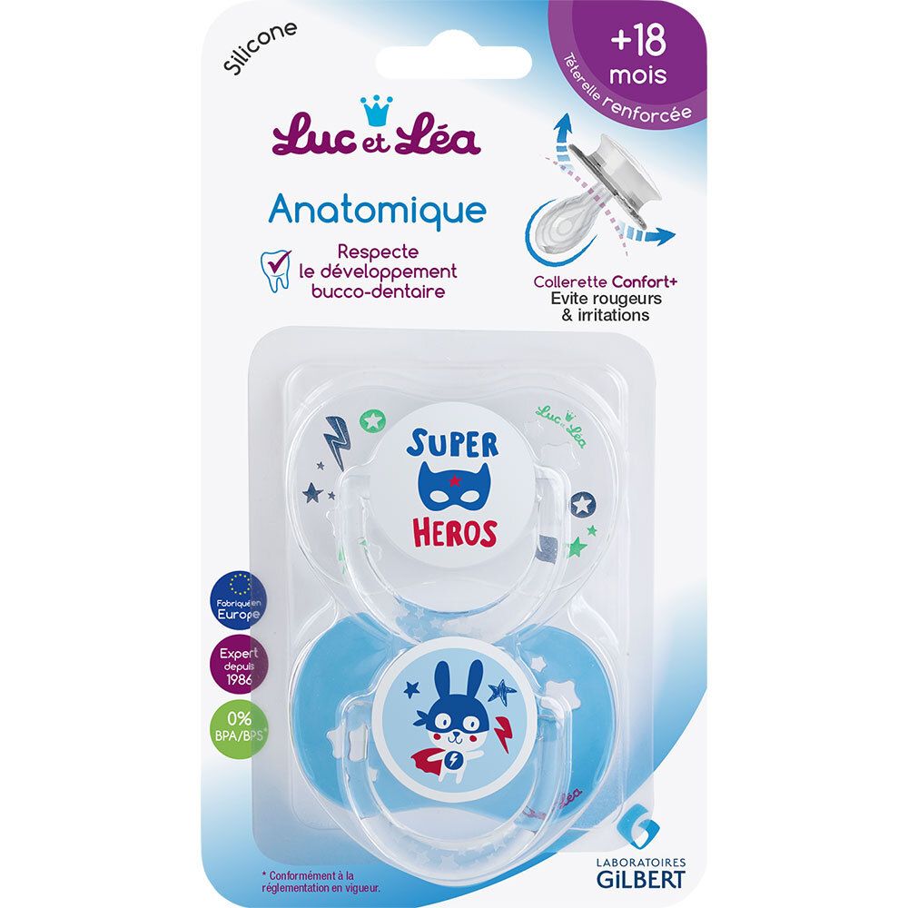 Emballage avec deux sucettes. En haut : sucette blanche avec motif super-héros. En bas : sucette bleue avec motif lapin. Marque Luc et Léa.