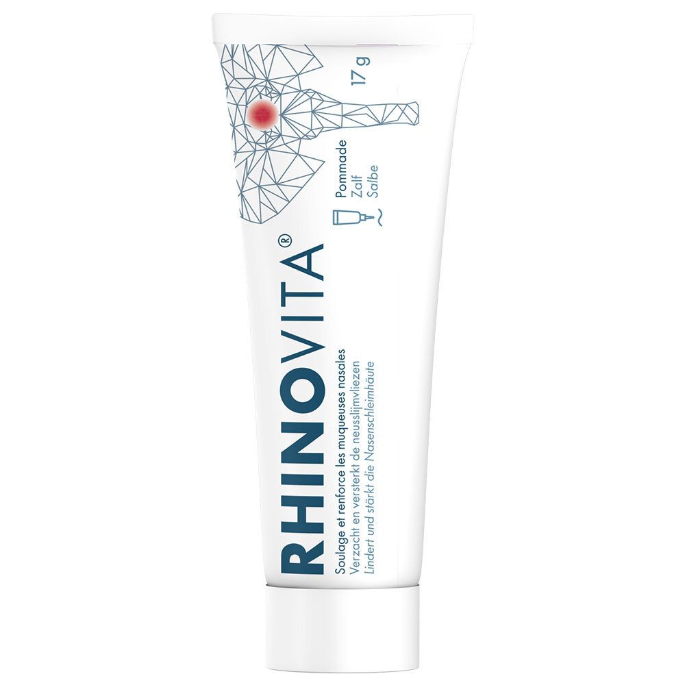 Tube de pommade nasale RHINOVITA®. Blanc, texte bleu et illustration. 17 g.
