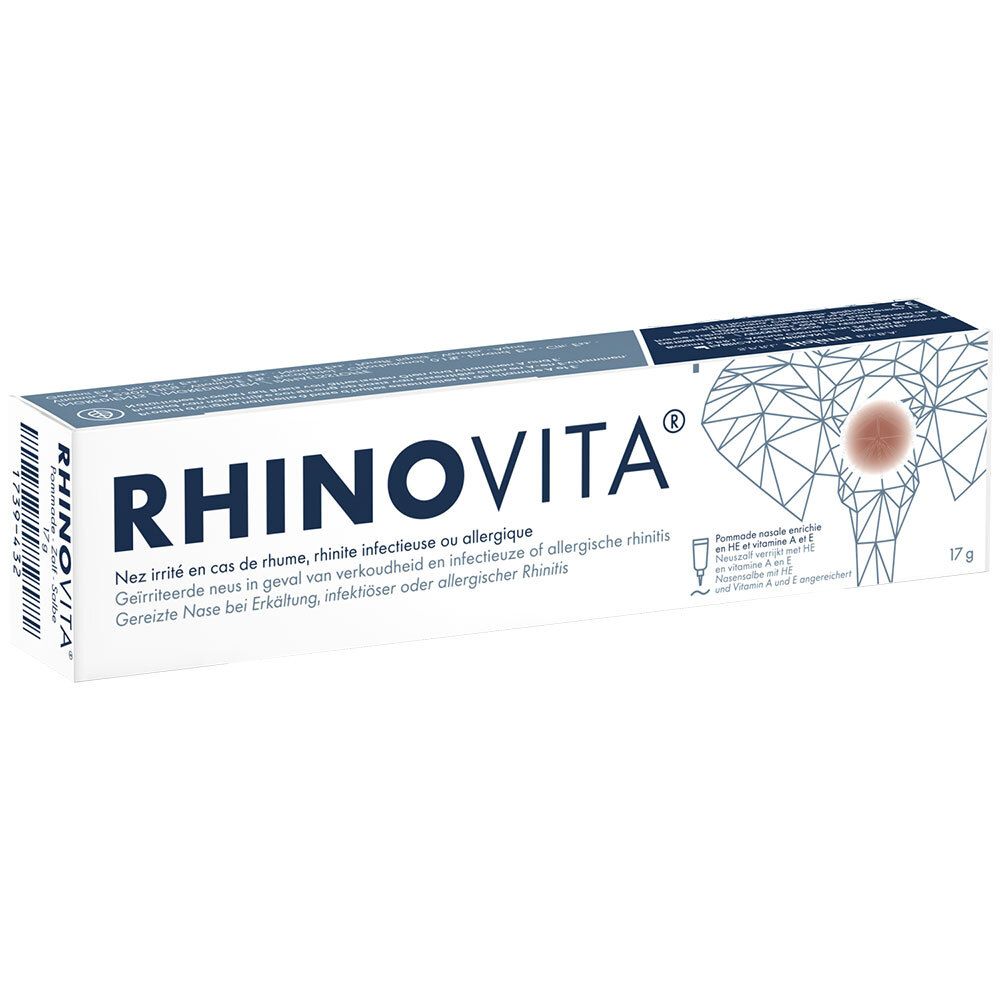Boîte de pommade nasale RHINOVITA®. Bleu et blanc, nom du produit et illustration. 17 g.