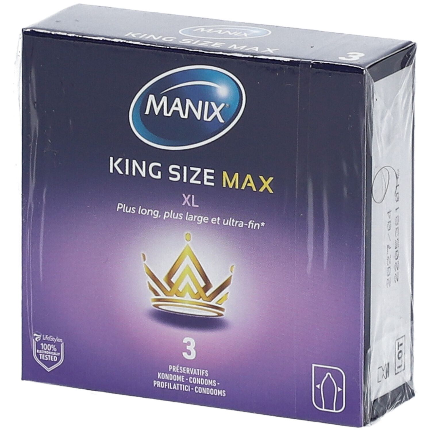 Boîte de préservatifs MANIX KING SIZE MAX. Contient 3 unités. Inscription XL et couronne dorée.