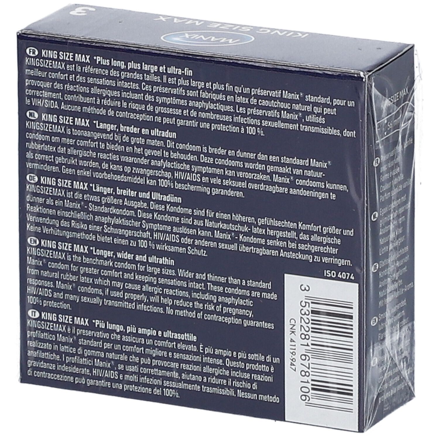 Dos de la boîte de préservatifs MANIX KING SIZE MAX. Texte descriptif des caractéristiques.
