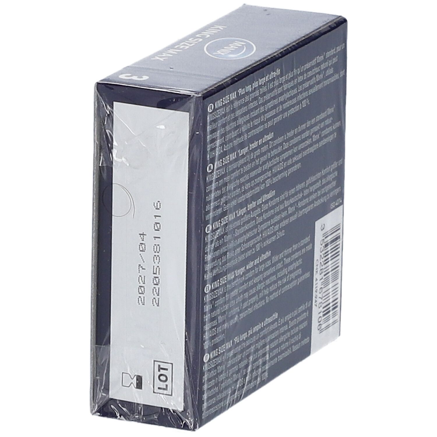 Boîte de préservatifs MANIX KING SIZE MAX. Date de péremption et numéro de lot.