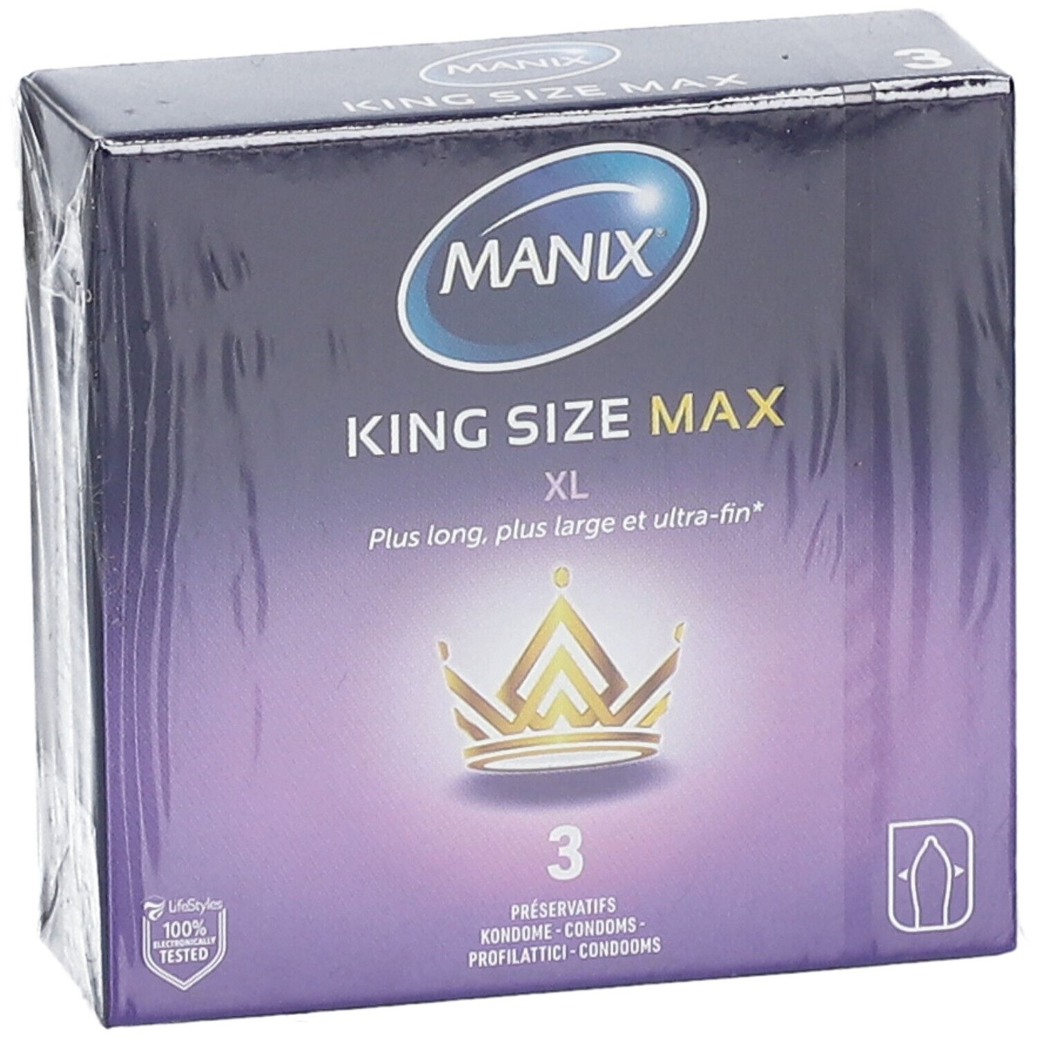 Boîte de préservatifs MANIX KING SIZE MAX. Contient 3 unités. Inscription XL et couronne dorée.