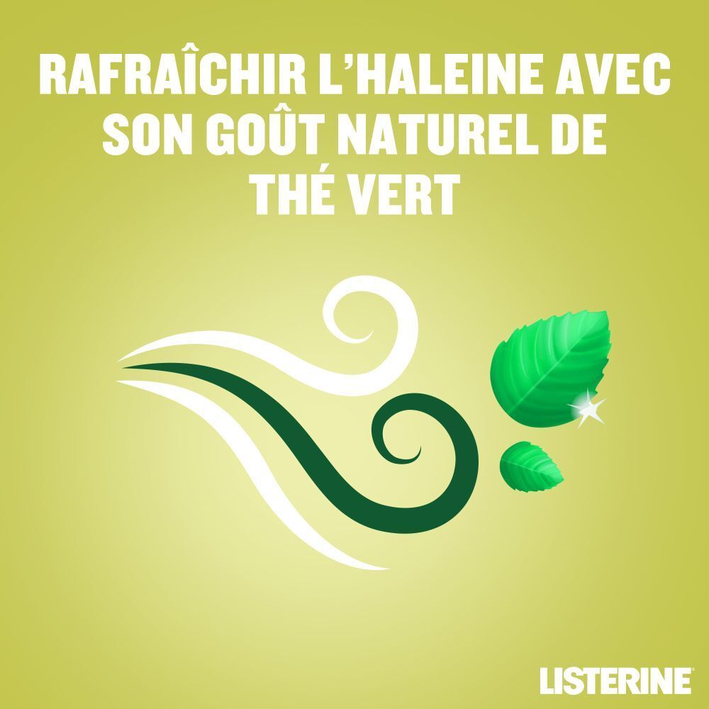 Illustration avec feuilles vertes et volutes. Texte: Rafraîchir l'haleine avec son goût naturel de thé vert.