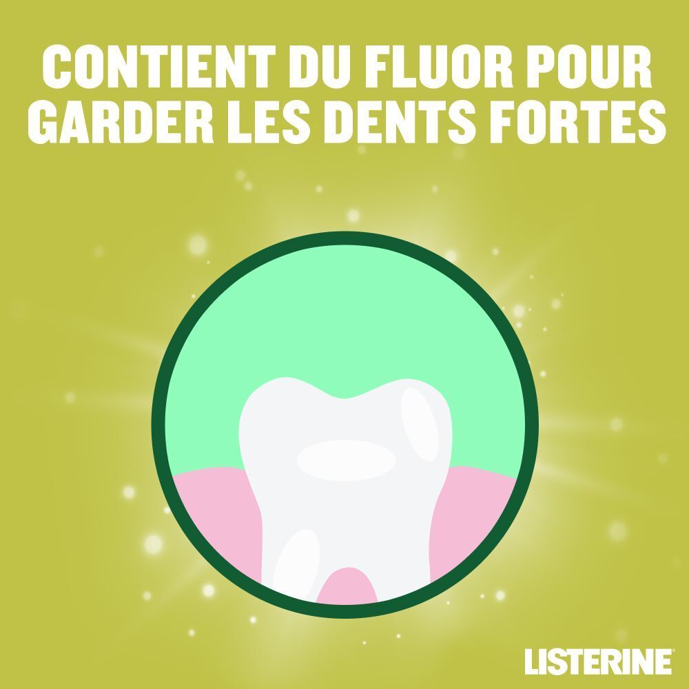 Graphique d'une dent dans un cercle. Texte: Contient du fluor pour garder les dents fortes. Logo LISTERINE®.
