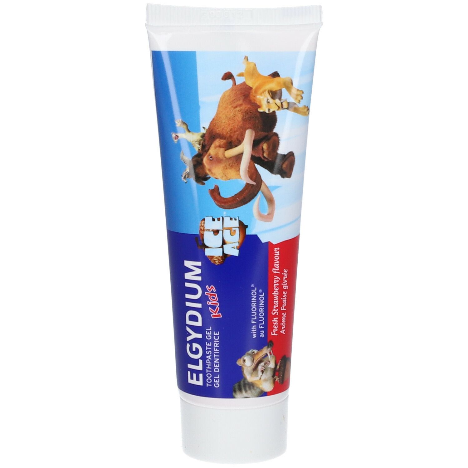 Tube de gel dentifrice ELGYDIUM Kids, saveur fraise. Illustrations de dessins animés. Bouchon blanc, tube blanc et bleu.