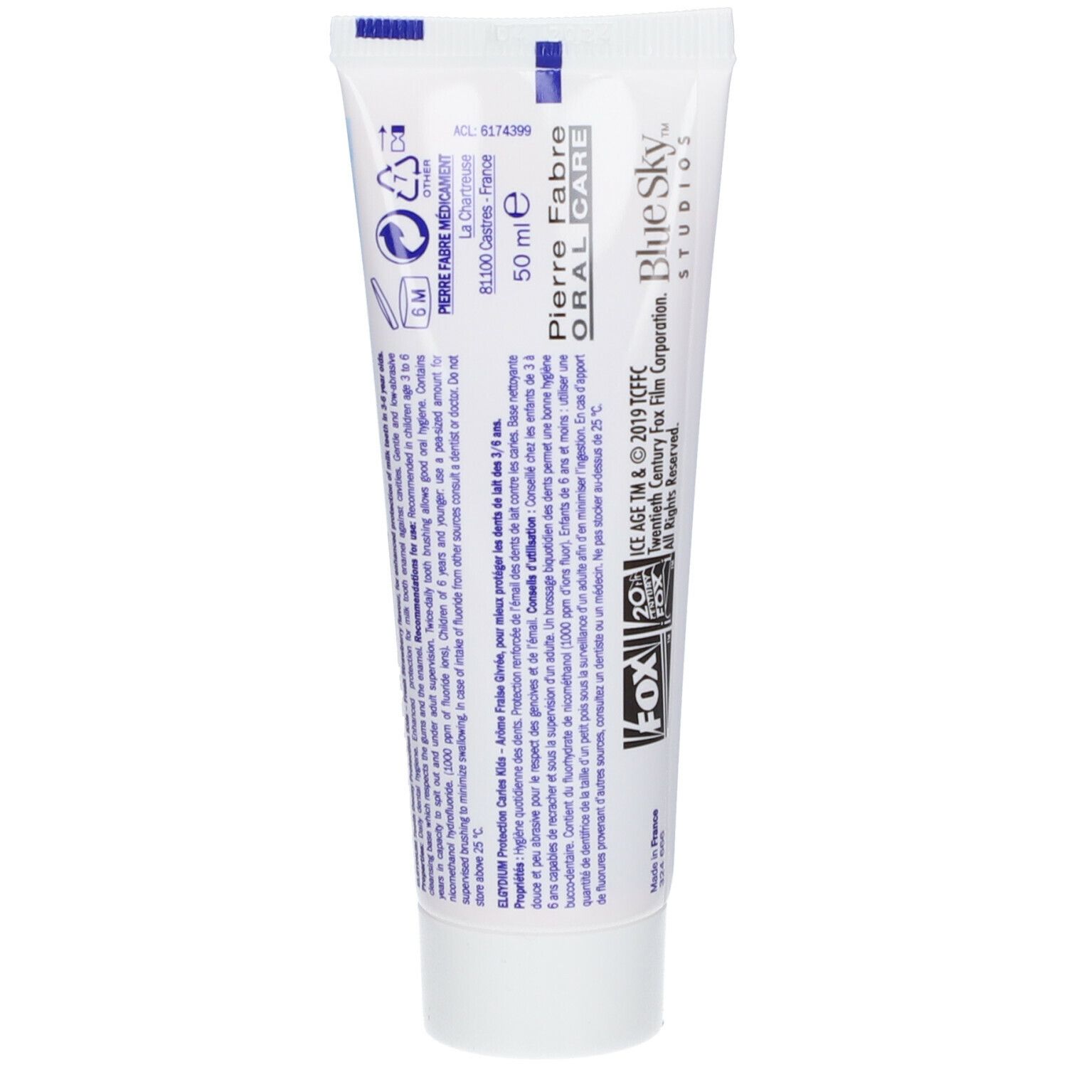 Dos du tube de gel dentifrice. Informations et logos. 50 ml. Pierre Fabre Oral Care. Texte bleu et blanc.