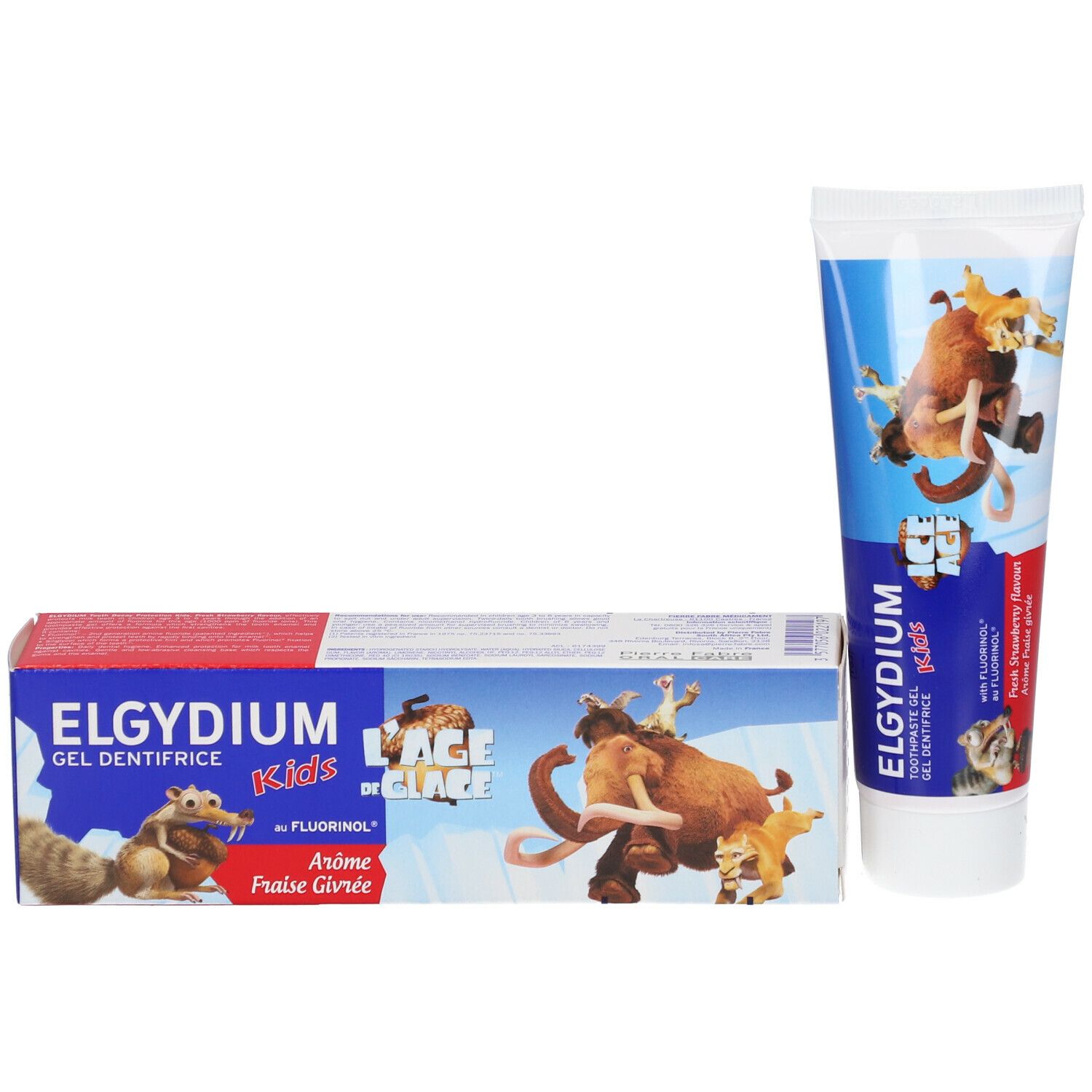 Tube et boîte de gel dentifrice. ELGYDIUM Kids, goût fraise, avec Fluorinol. Illustrations de dessins animés. Emballage rouge et bleu.