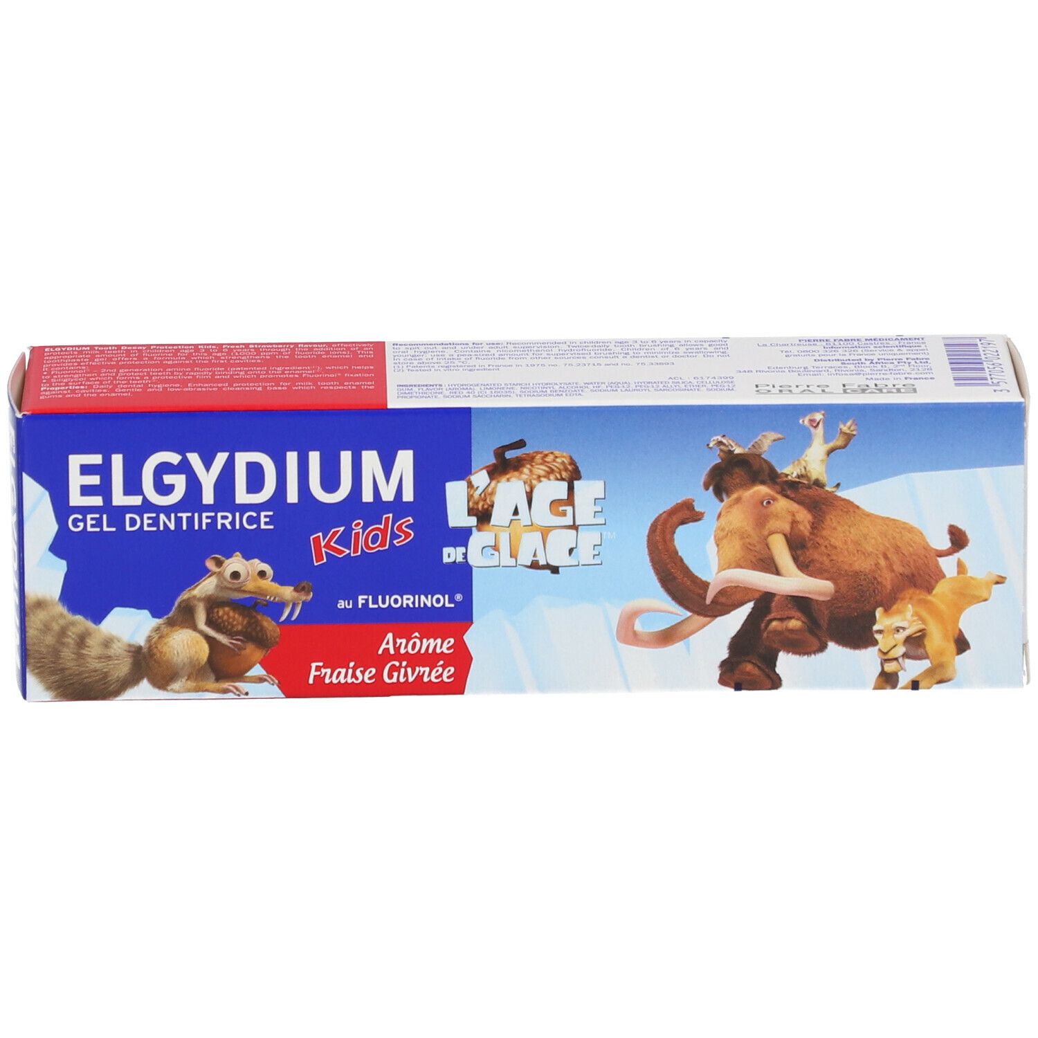 Boîte de gel dentifrice. ELGYDIUM Kids, goût fraise, avec Fluorinol. Illustrations de dessins animés. Emballage rouge et bleu.