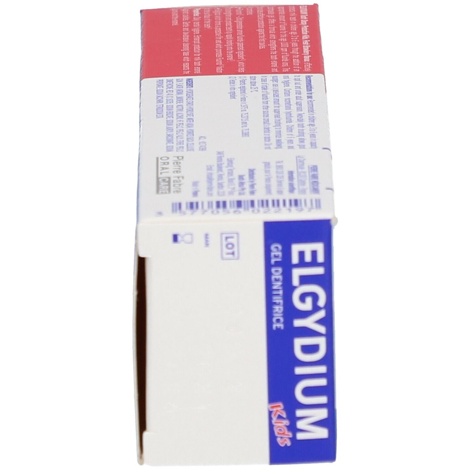 Vue latérale de la boîte de gel dentifrice. ELGYDIUM Kids, Gel Dentifrice. Emballage rouge et bleu. Texte en blanc.