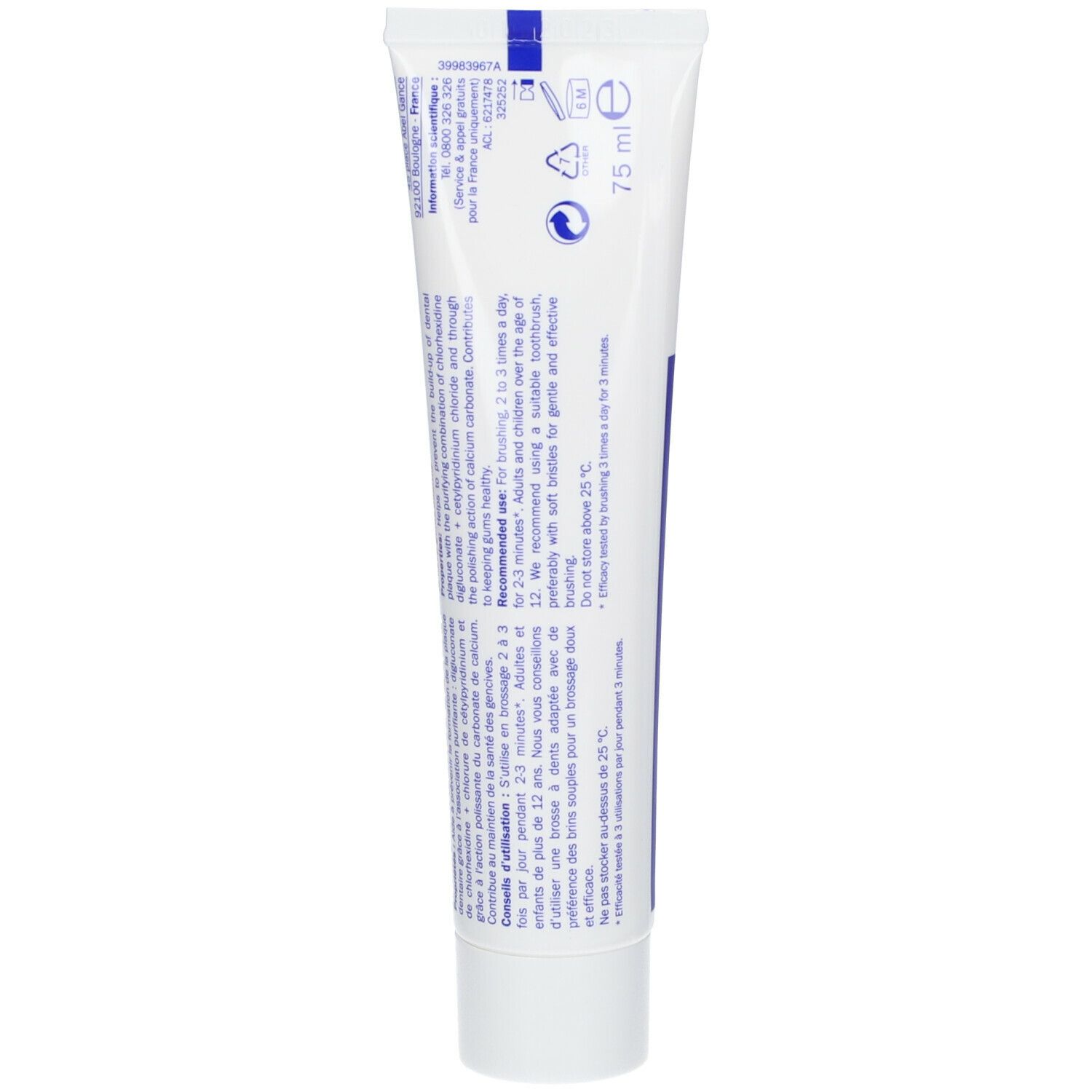 Dos d'un tube de dentifrice. Texte bleu sur fond blanc. Informations sur les ingrédients et l'utilisation.