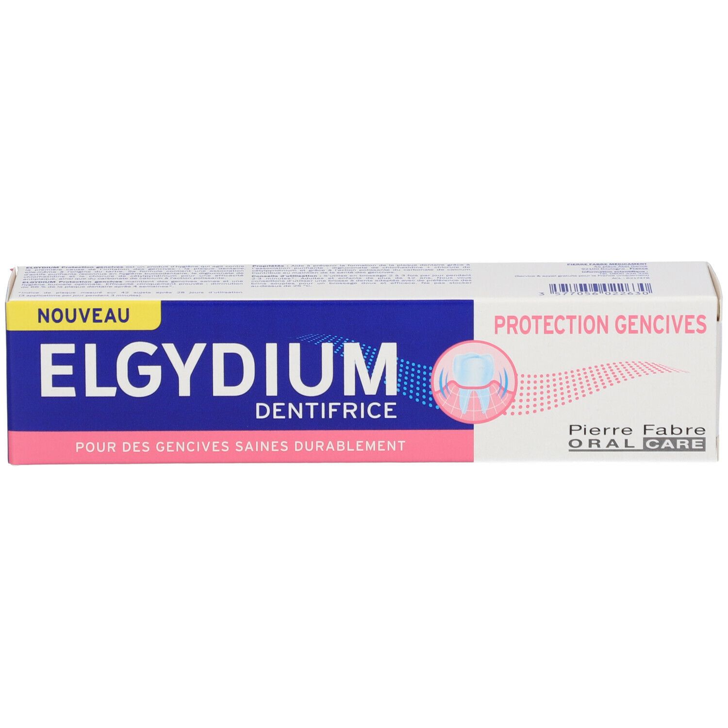 Boîte de dentifrice, blanc-rose-bleu. Inscriptions: ELGYDIUM, Protection Gencives, Pierre Fabre Oral Care.