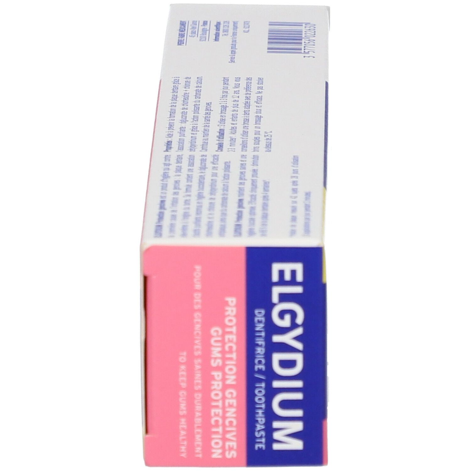 Vue latérale de la boîte de dentifrice. Inscriptions: ELGYDIUM, Protection Gencives, Pour des gencives saines durablement.