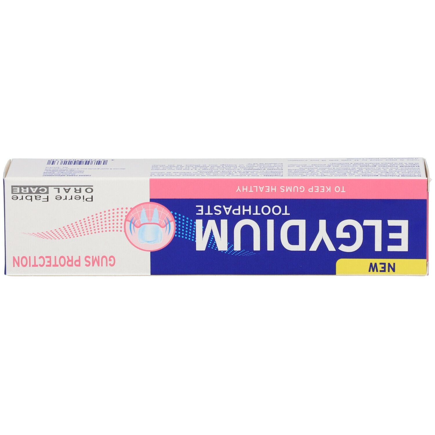 Boîte de dentifrice, inscription: ELGYDIUM, Toothpaste, Gums Protection, Pierre Fabre Oral Care.