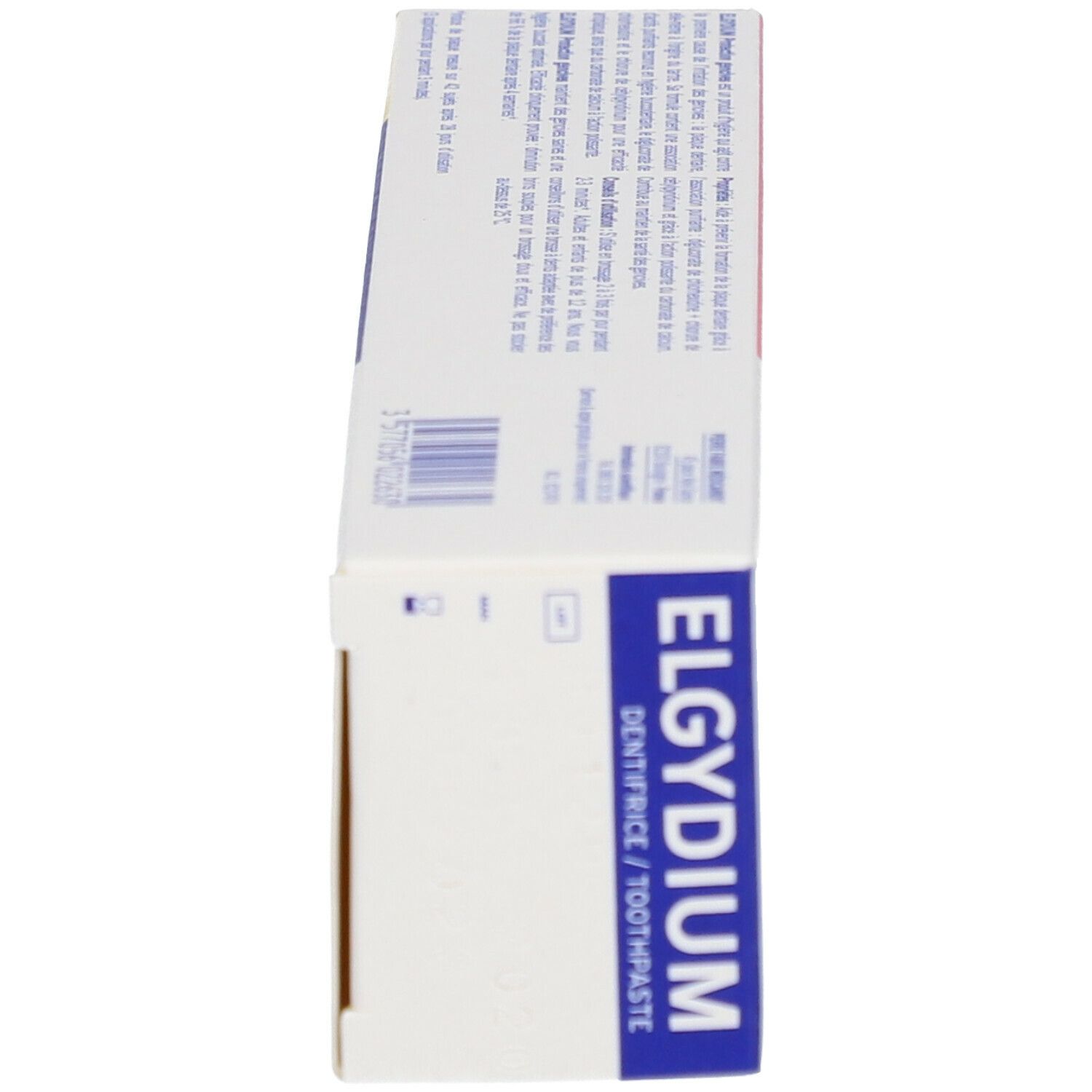 Vue latérale de la boîte de dentifrice. Inscription: ELGYDIUM, Dentifrice / Toothpaste.