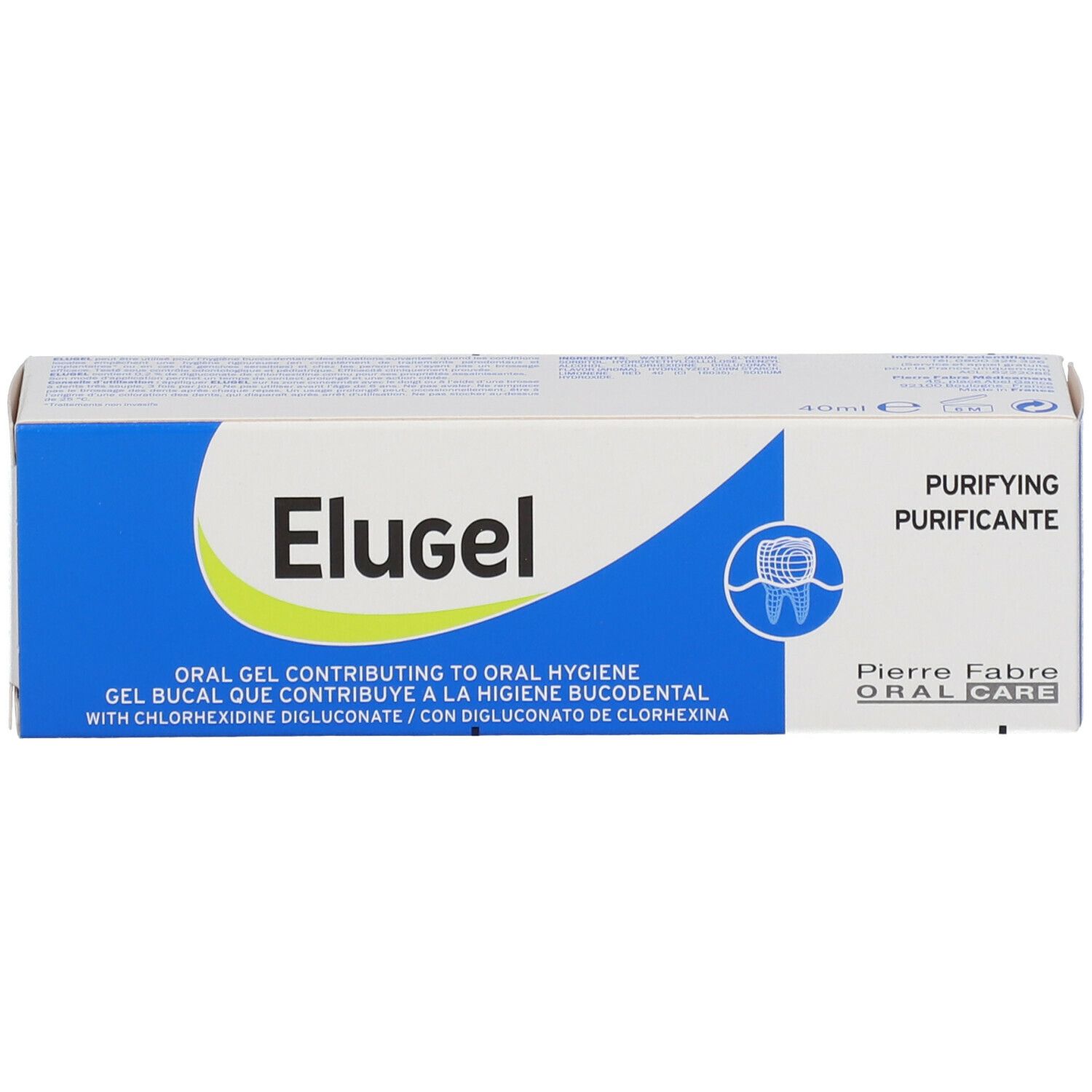 Emballage du produit, blanc-bleu. Inscription Elugel, 40ml, Purifying, Pierre Fabre Oral Care. Avec symbole dentaire.