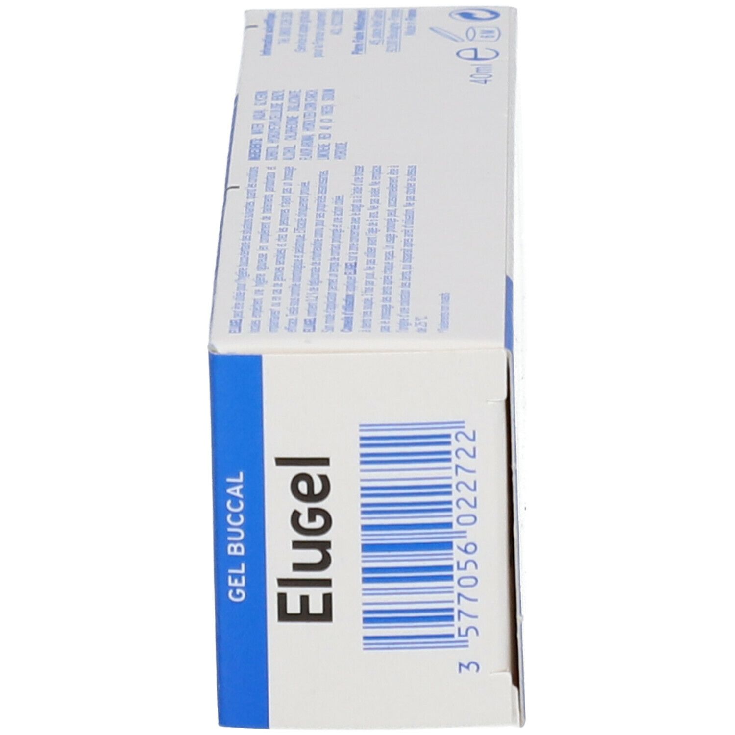 Vue latérale de l'emballage du produit. Inscription Elugel, code-barres, 3 577056 022722. Texte: Gel Buccal.