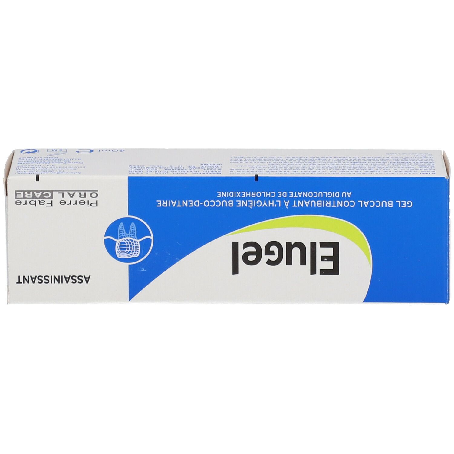Emballage du produit, blanc-bleu. Inscription Elugel, Pierre Fabre Oral Care, Assainissant. Avec symbole dentaire.