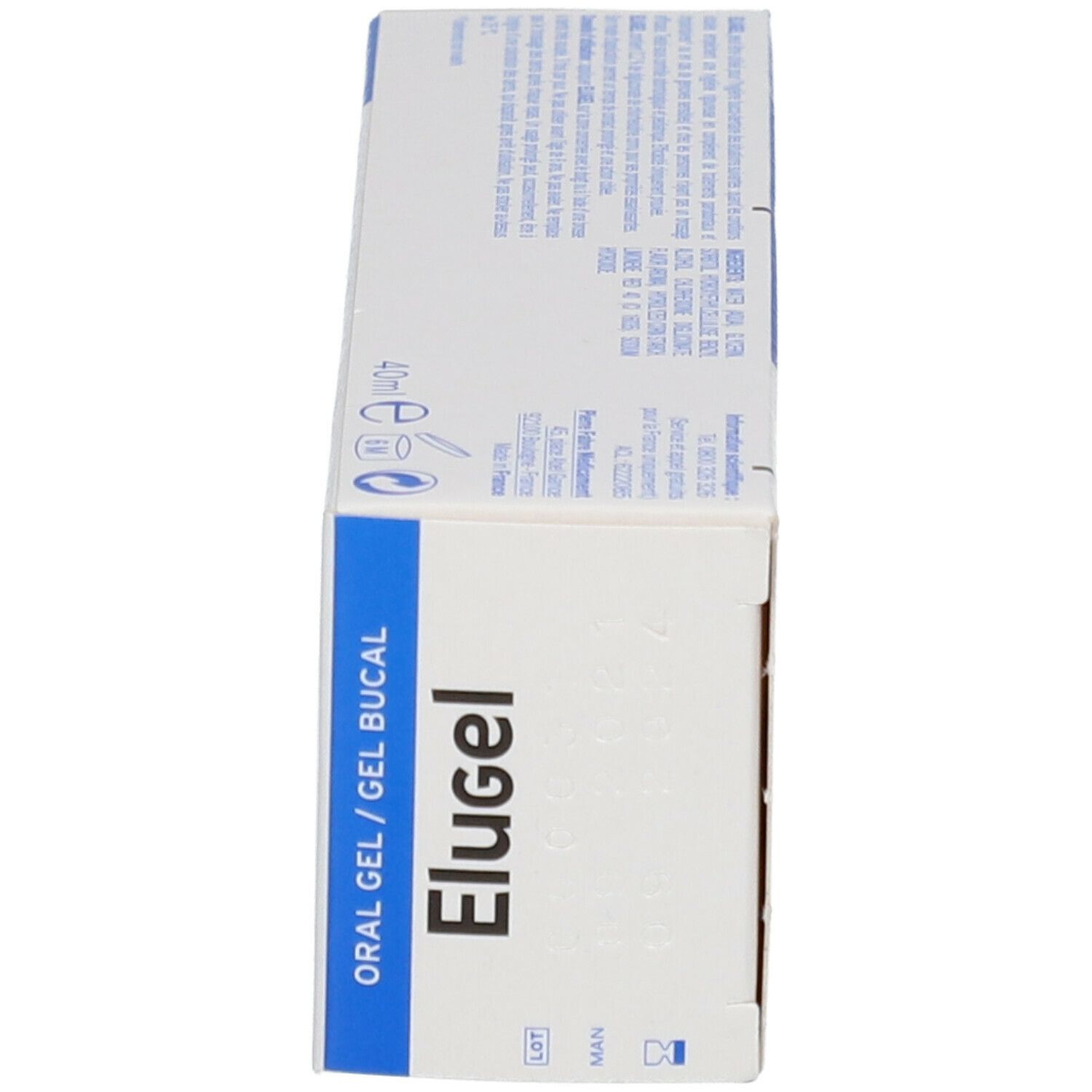 Vue latérale de l'emballage du produit. Inscription Elugel, Gel Buccal, Pierre Fabre Oral Care. Volume 40 ml.
