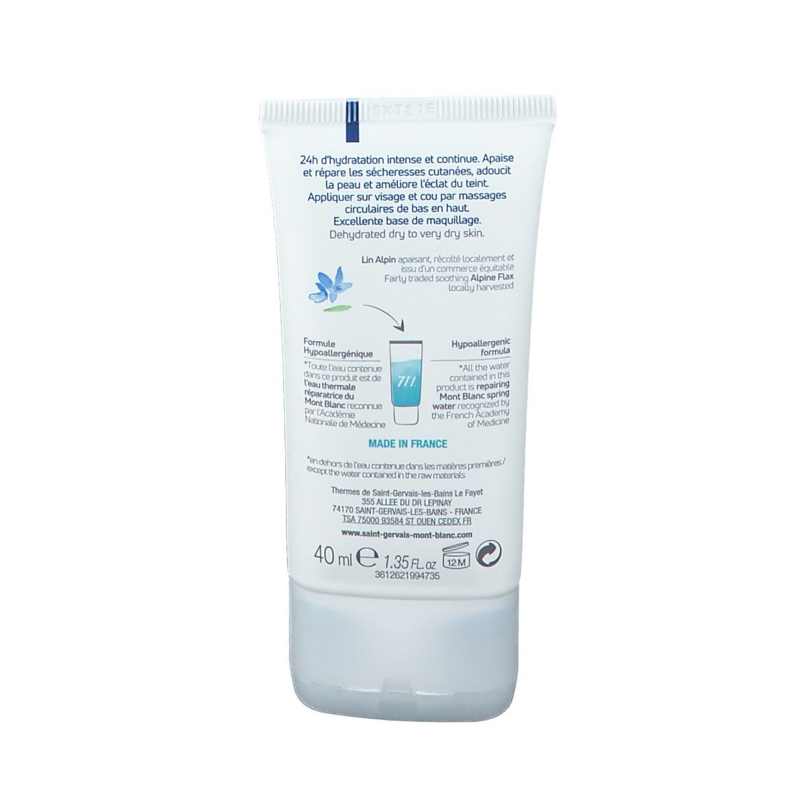 Dos d'un tube blanc. Texte : 24h Hydratation intense et continue. Contient des informations sur le produit et les ingrédients. Fabriqué en France.