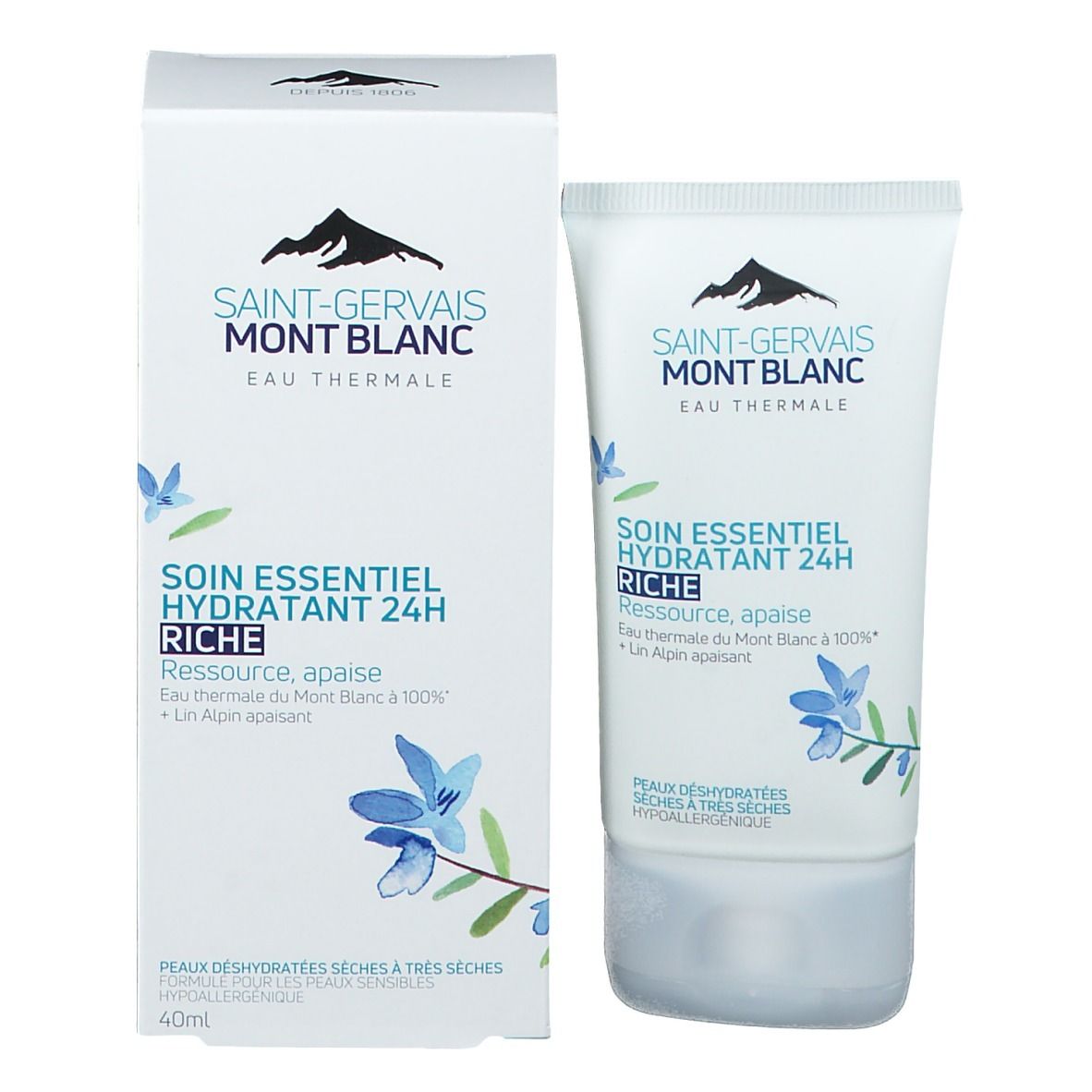 Emballage du produit avec tube et boîte. Boîte avec nom et logo du produit. Tube avec nom et logo du produit. Les deux blancs avec impression bleue.