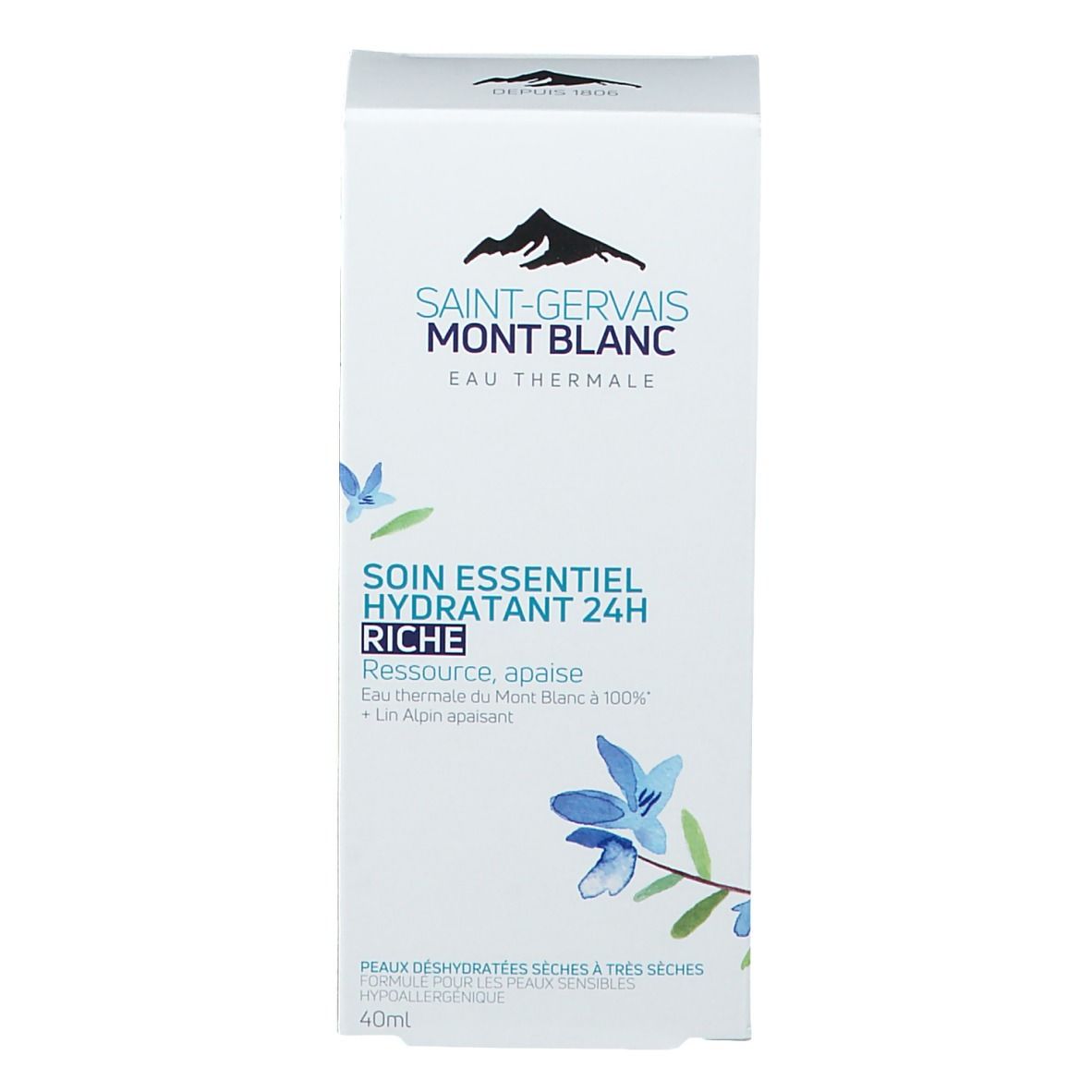 Emballage blanc du produit. Contient le nom et le logo du produit. Texte : Soin Essentiel Hydratant 24H Riche. Pour peaux déshydratées, sèches et très sèches.