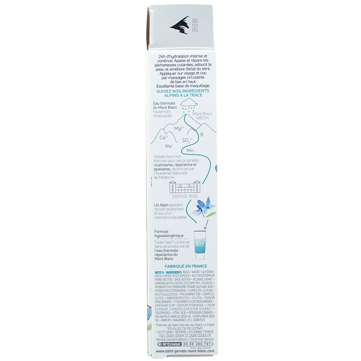 Emballage du produit. Contient des informations sur le produit et les ingrédients. Texte : 24h Hydratation intense et continue. Fabriqué en France. 40ml.