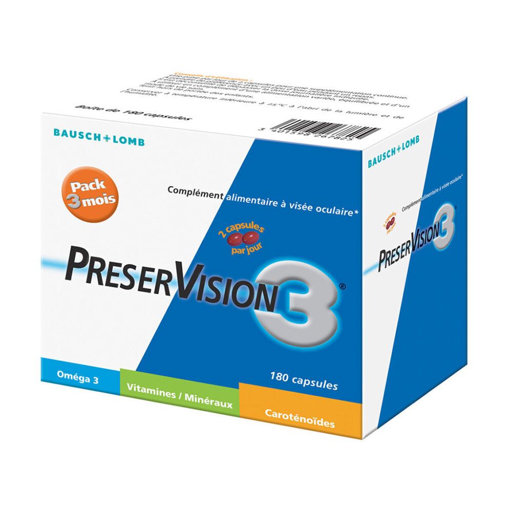 Boîte BAUSCH+LOMB PreserVision3®. Emballage bleu et blanc avec nom et logo du produit. Contient 180 gélules. Oméga 3, vitamines/minéraux, caroténoïdes.