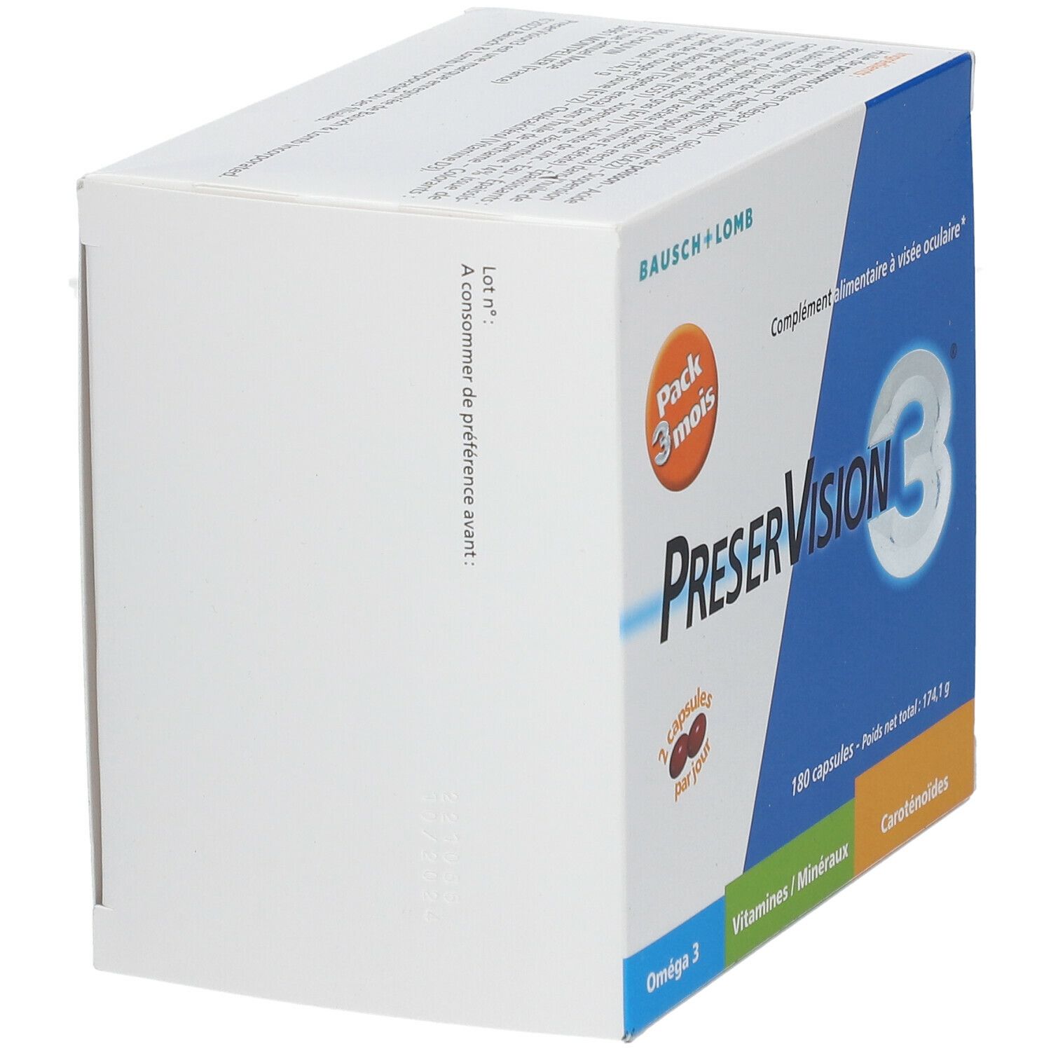 Boîte BAUSCH+LOMB PreserVision3®. Emballage bleu et blanc avec nom et logo du produit. Contient 180 gélules. Oméga 3, vitamines/minéraux, caroténoïdes.