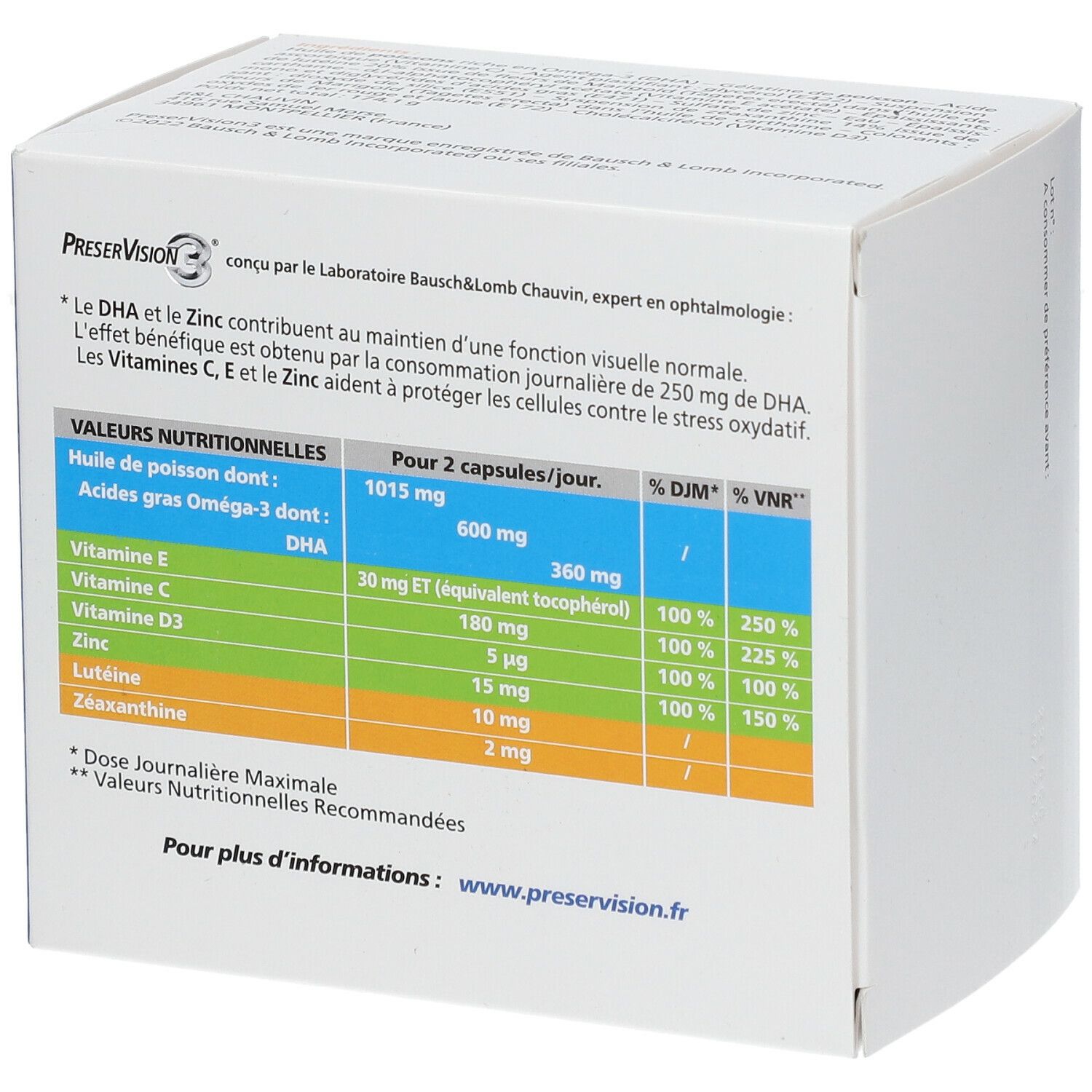 Boîte BAUSCH+LOMB PreserVision3®. Emballage bleu et blanc avec nom et logo du produit. Contient 180 gélules. Oméga 3, vitamines/minéraux, caroténoïdes.
