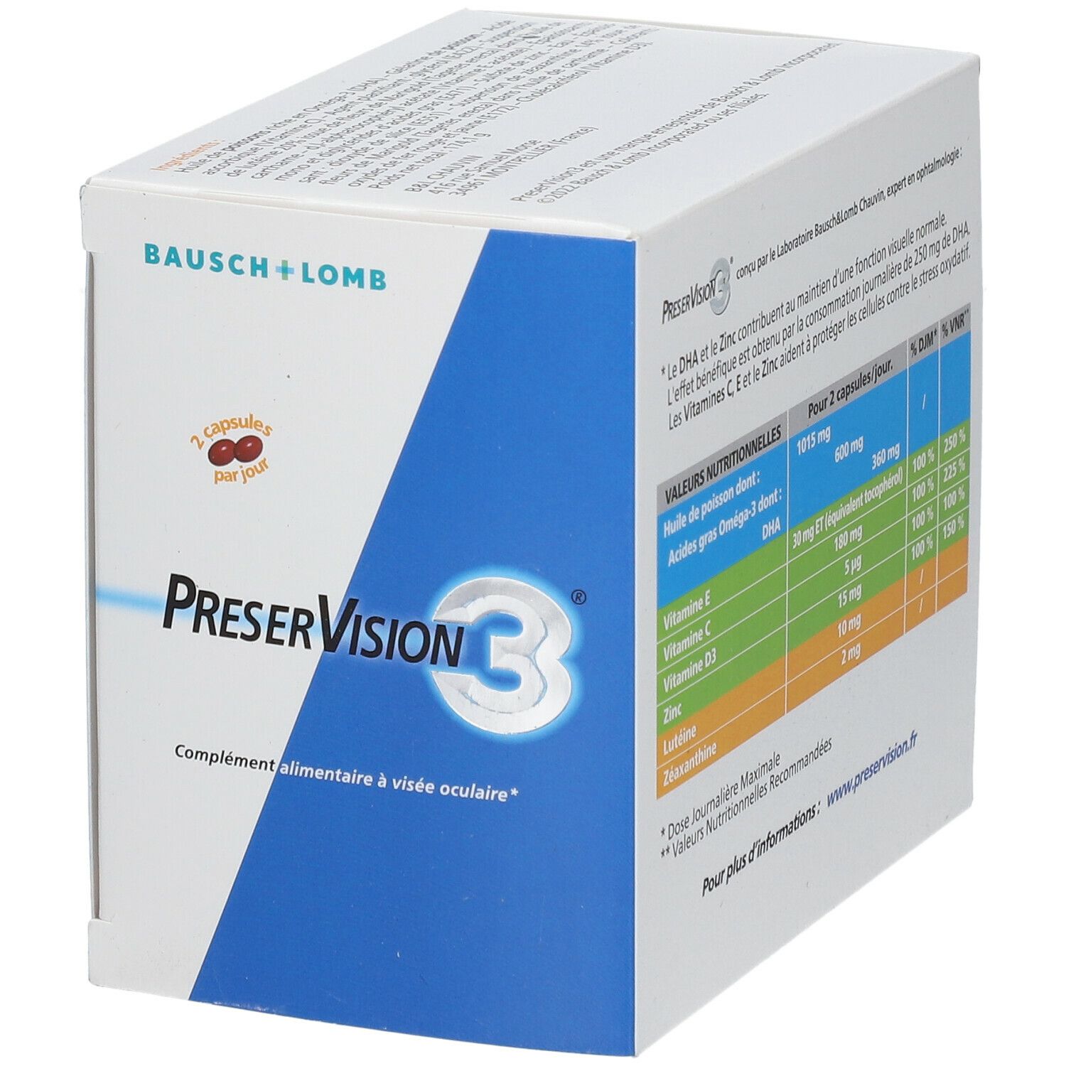 Boîte BAUSCH+LOMB PreserVision3®. Emballage bleu et blanc avec nom et logo du produit. Contient 180 gélules. Oméga 3, vitamines/minéraux, caroténoïdes.