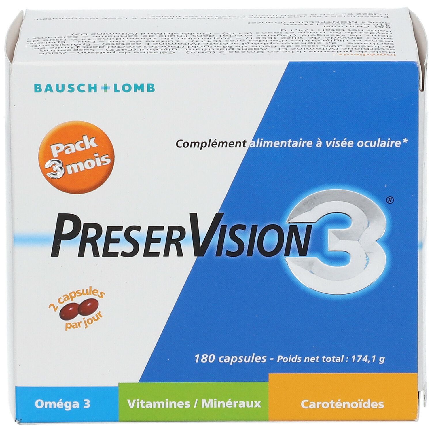 Boîte BAUSCH+LOMB PreserVision3®. Emballage bleu et blanc avec nom et logo du produit. Contient 180 gélules. Oméga 3, vitamines/minéraux, caroténoïdes.