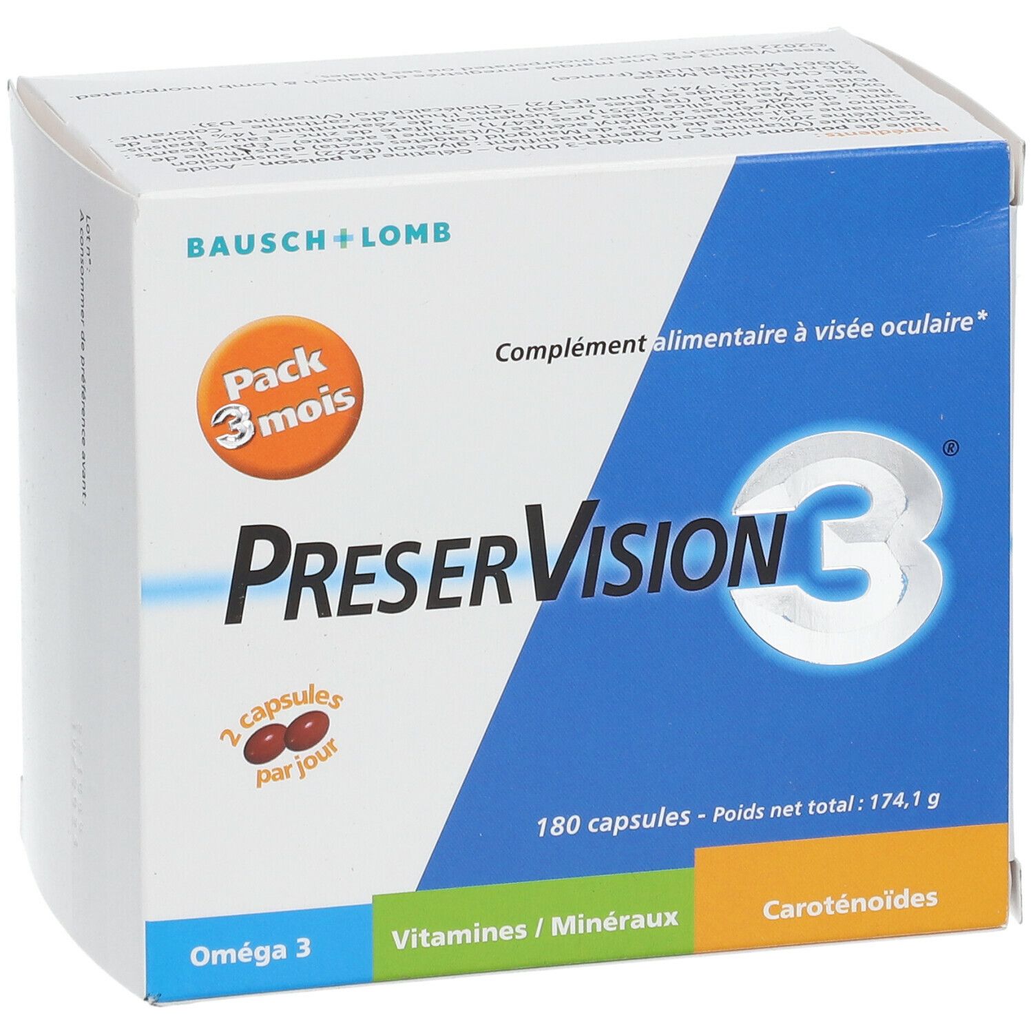 Boîte BAUSCH+LOMB PreserVision3®. Emballage bleu et blanc avec nom et logo du produit. Contient 180 gélules. Oméga 3, vitamines/minéraux, caroténoïdes.