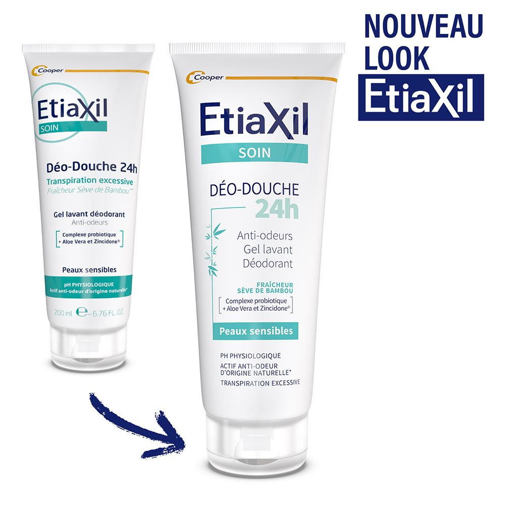Tube de gel douche Etiaxil. À gauche : produit. À droite : produit avec 'Nouveau Look Etiaxil'.