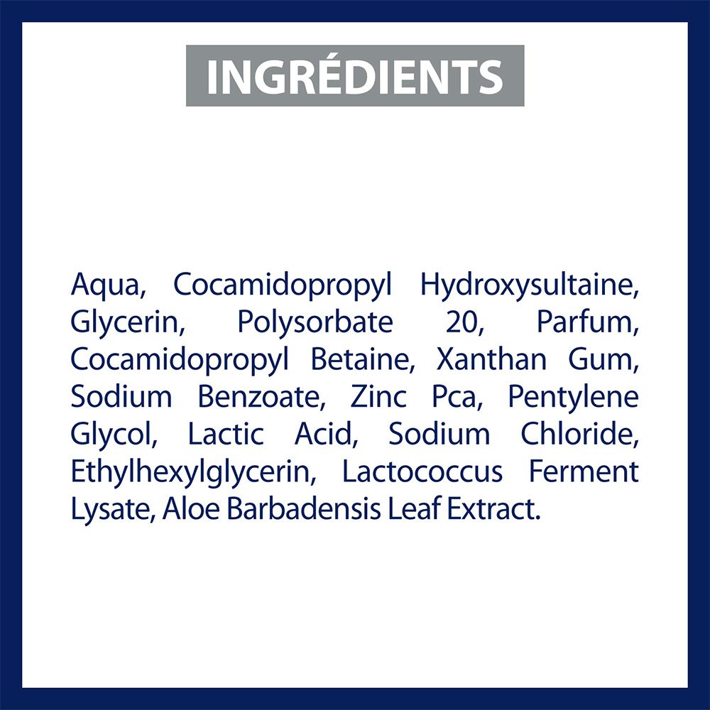 Liste des ingrédients du gel douche Etiaxil. Texte sur fond bleu.